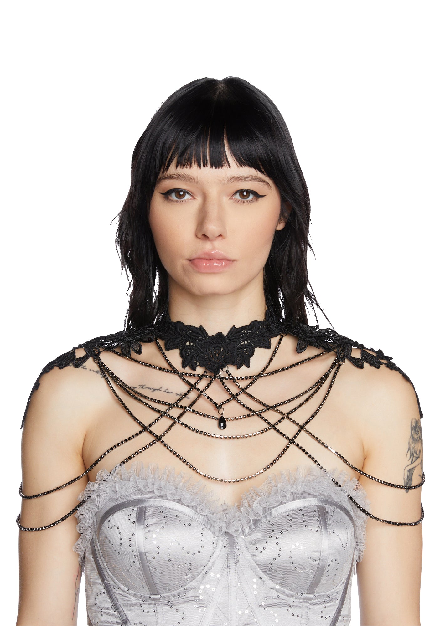 Unholy Rhinestone Lace Body Chain Harness - Black