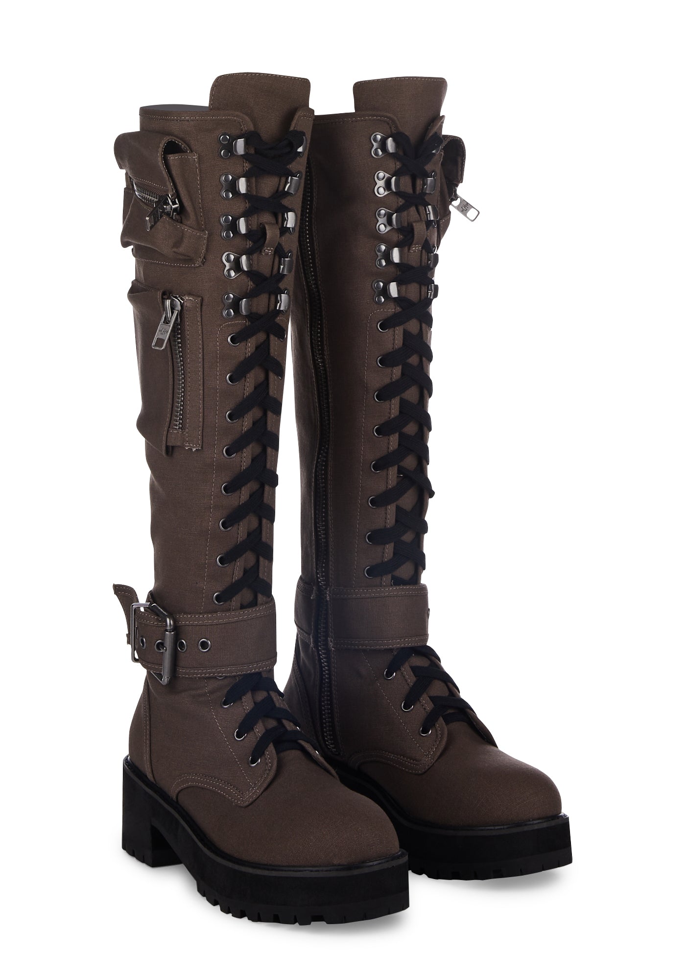 Current Mood Knee High Pocket Combat Boots Brown Twill Dolls Kill