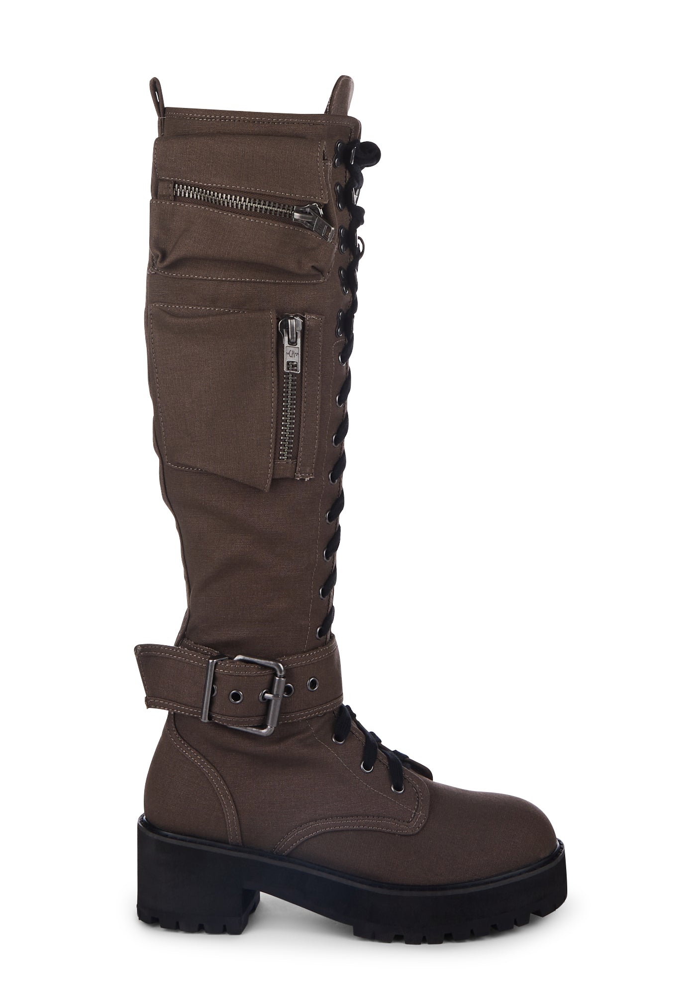 Current Mood Knee High Pocket Combat Boots - Brown Twill â Dolls Kill