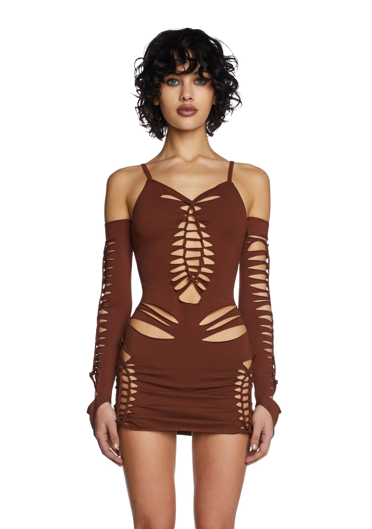 Current Mood Cut Out Tied Mini Bodycon Dress - Brown Dolls Kill Current Mood Cut Out Tied Mini Bodycon Dress - Brown Dolls Kill