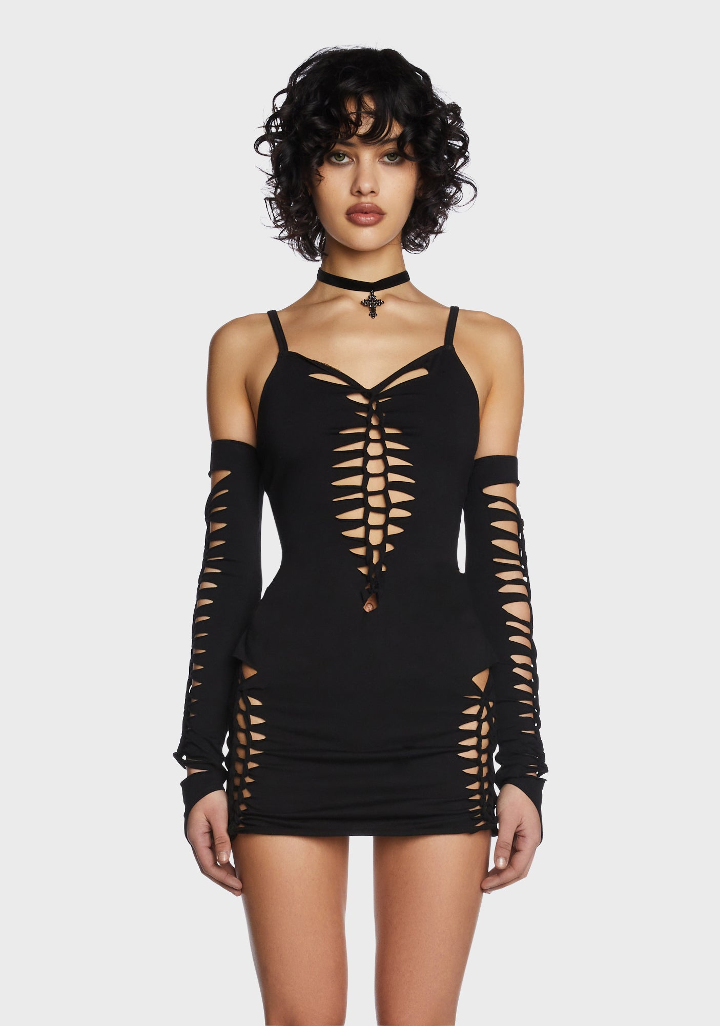 black ripped dress Current Mood Cut Out Tied Mini Bodycon Dress