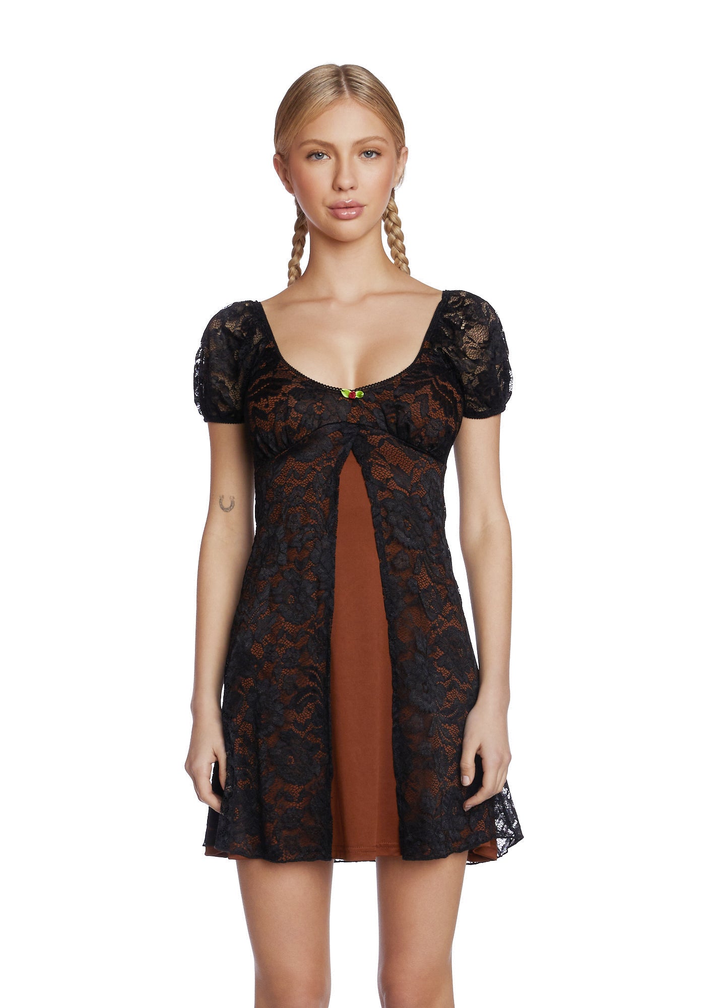 dELiA*s by Dolls Kill Lace Satin Puff Sleeve Mini Dress