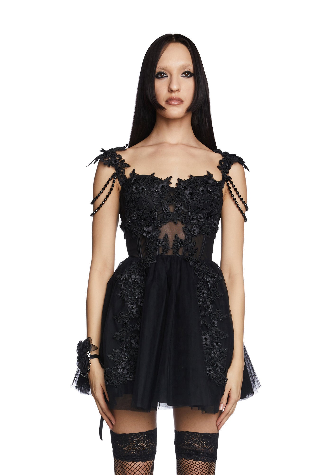 Unholy 3D Flower Applique Mini Dress - Black Dolls Kill Unholy 3D Flower Applique Mini Dress - Black Dolls Kill