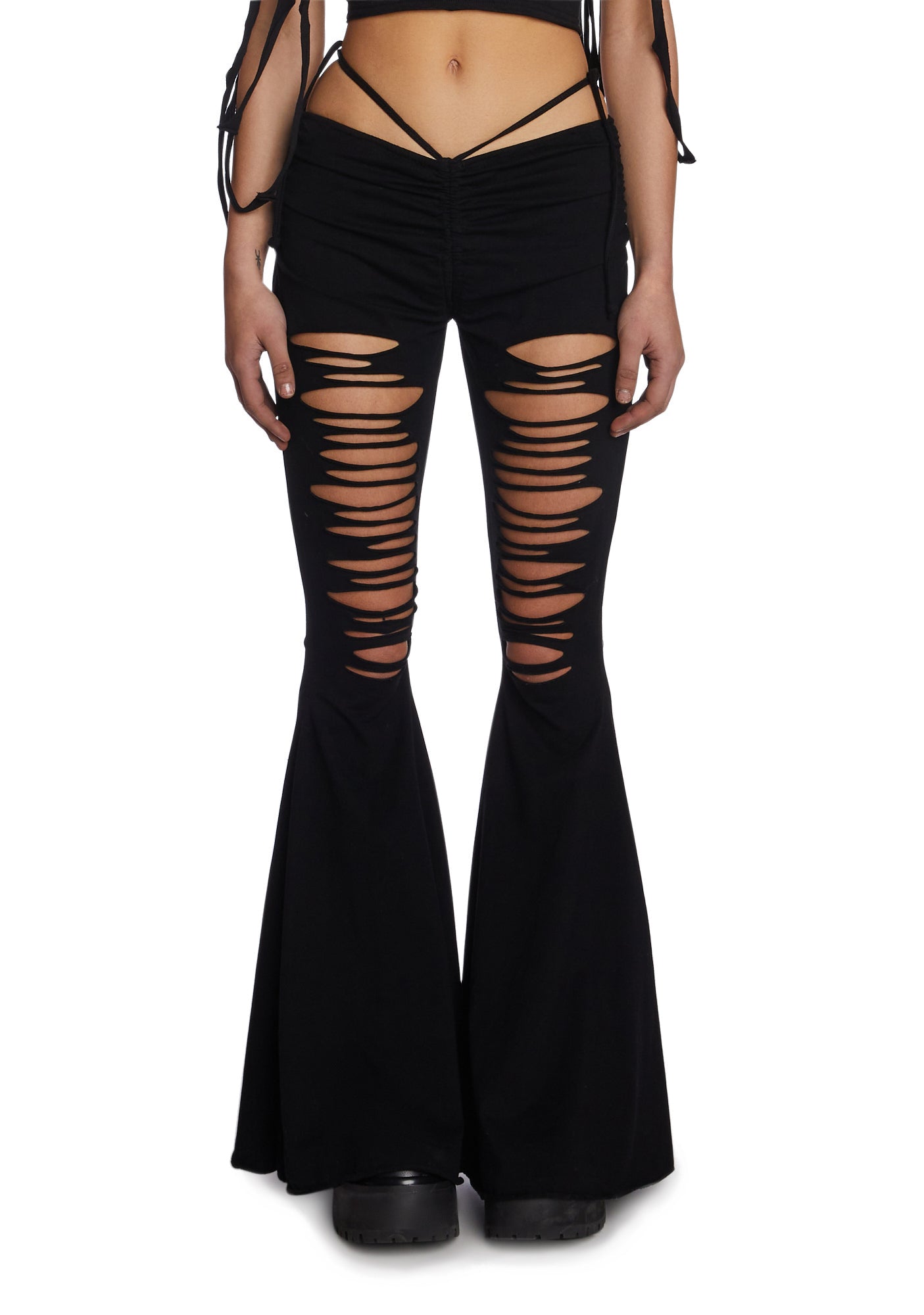 Darker Wavs Slashed Cut Out Low Rise Flare Pants - Black – Dolls Kill