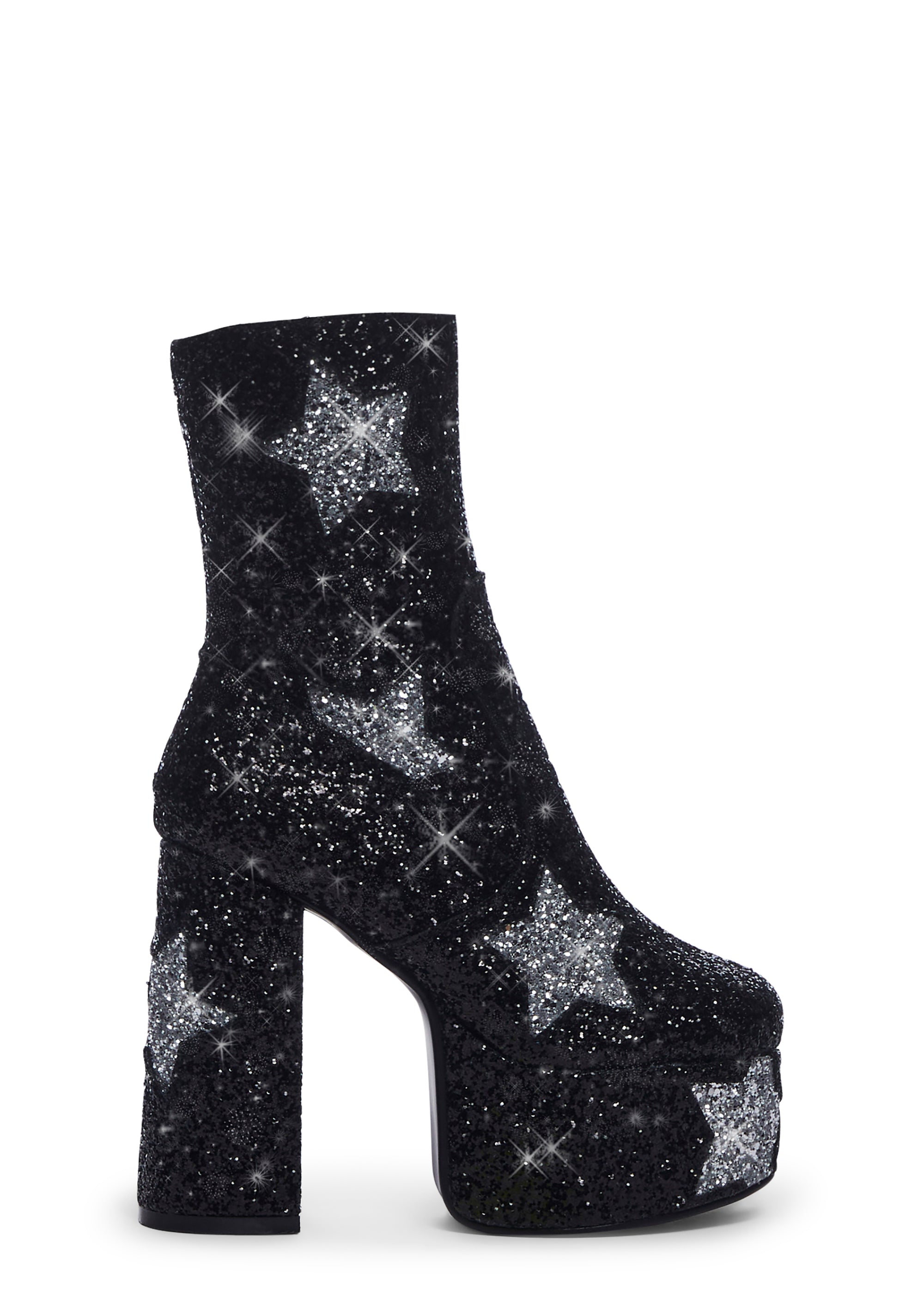 Lamoda x Dolls Kill Sparkly Star Platform Boots Black/Silver Glitter