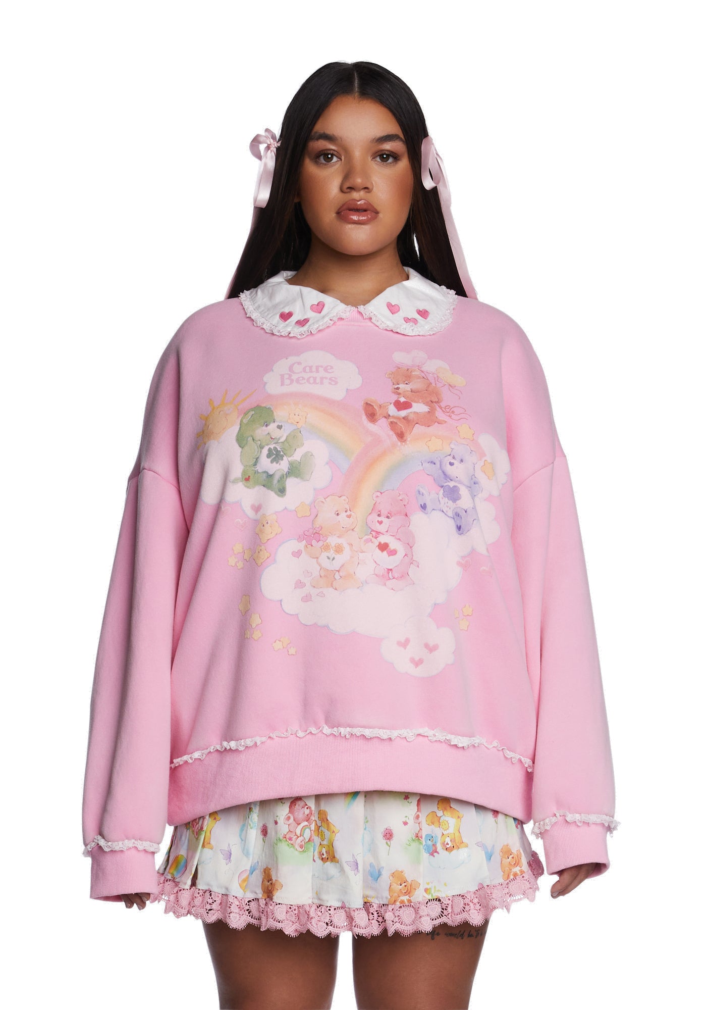 Dolls Kill x Care Bears Plus Size Graphic Heart Collar Oversized Sweatshirt Pink