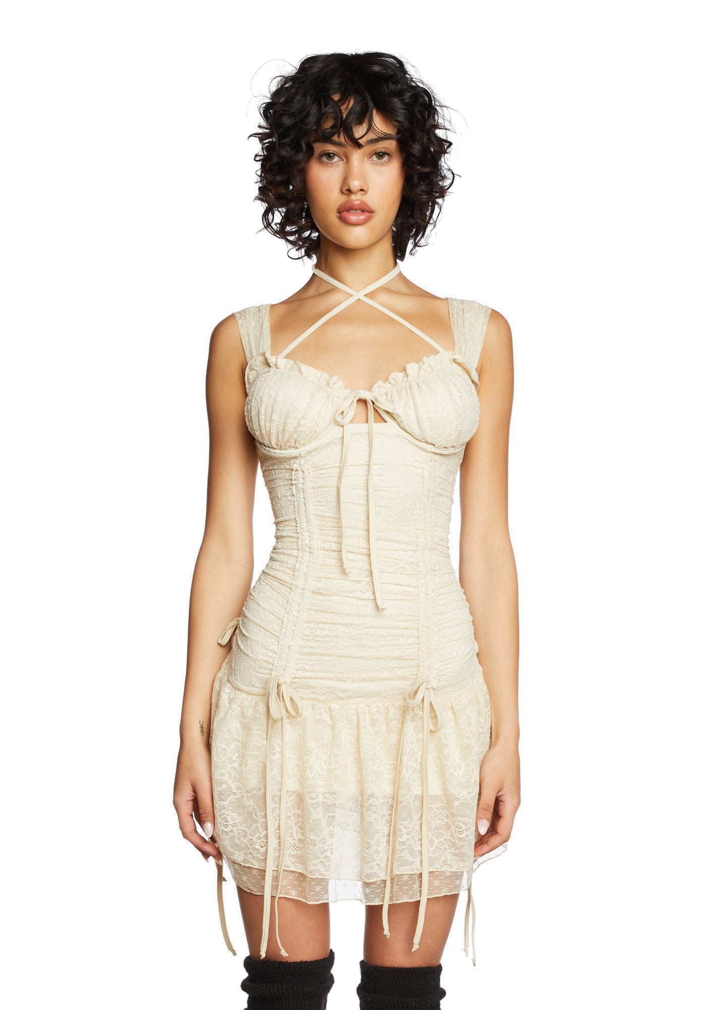 Current Mood Ruched Lace Mini Dress - Off White – Dolls Kill