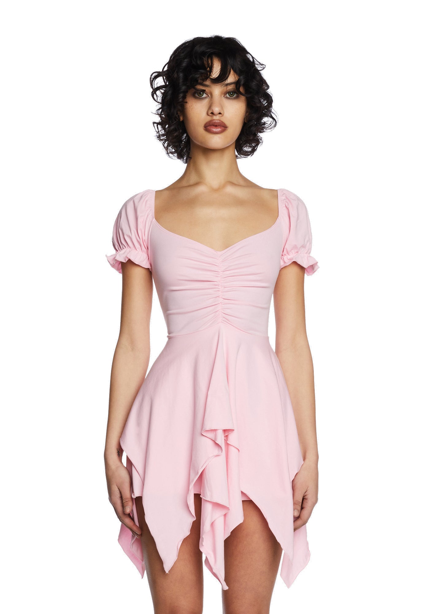 strapless open back dress Current Mood Handkerchief Puff Sleeve Mini Dress
