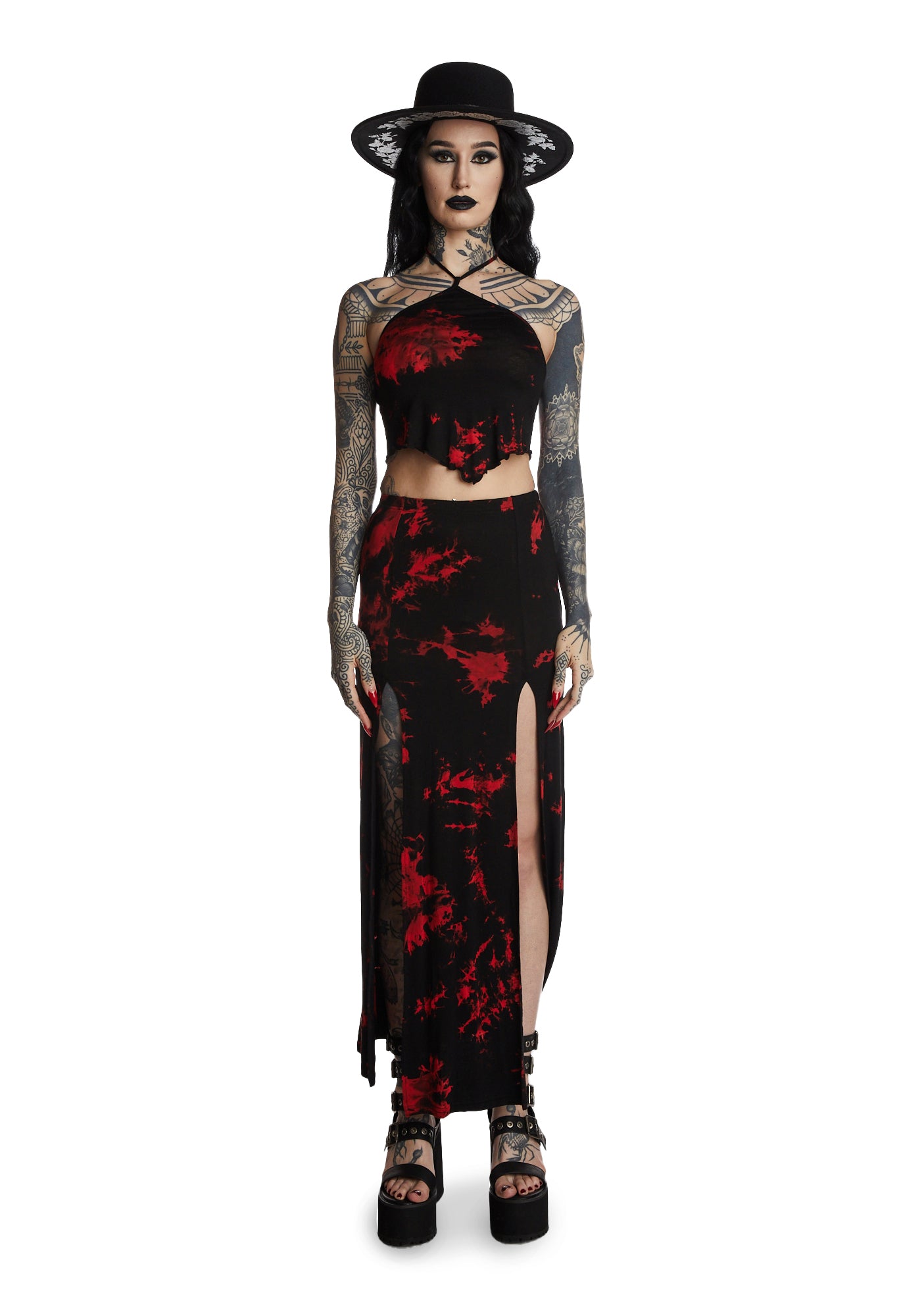 Widow Tie Dye Halter Crop Top Maxi Skirt Set - Black/Red