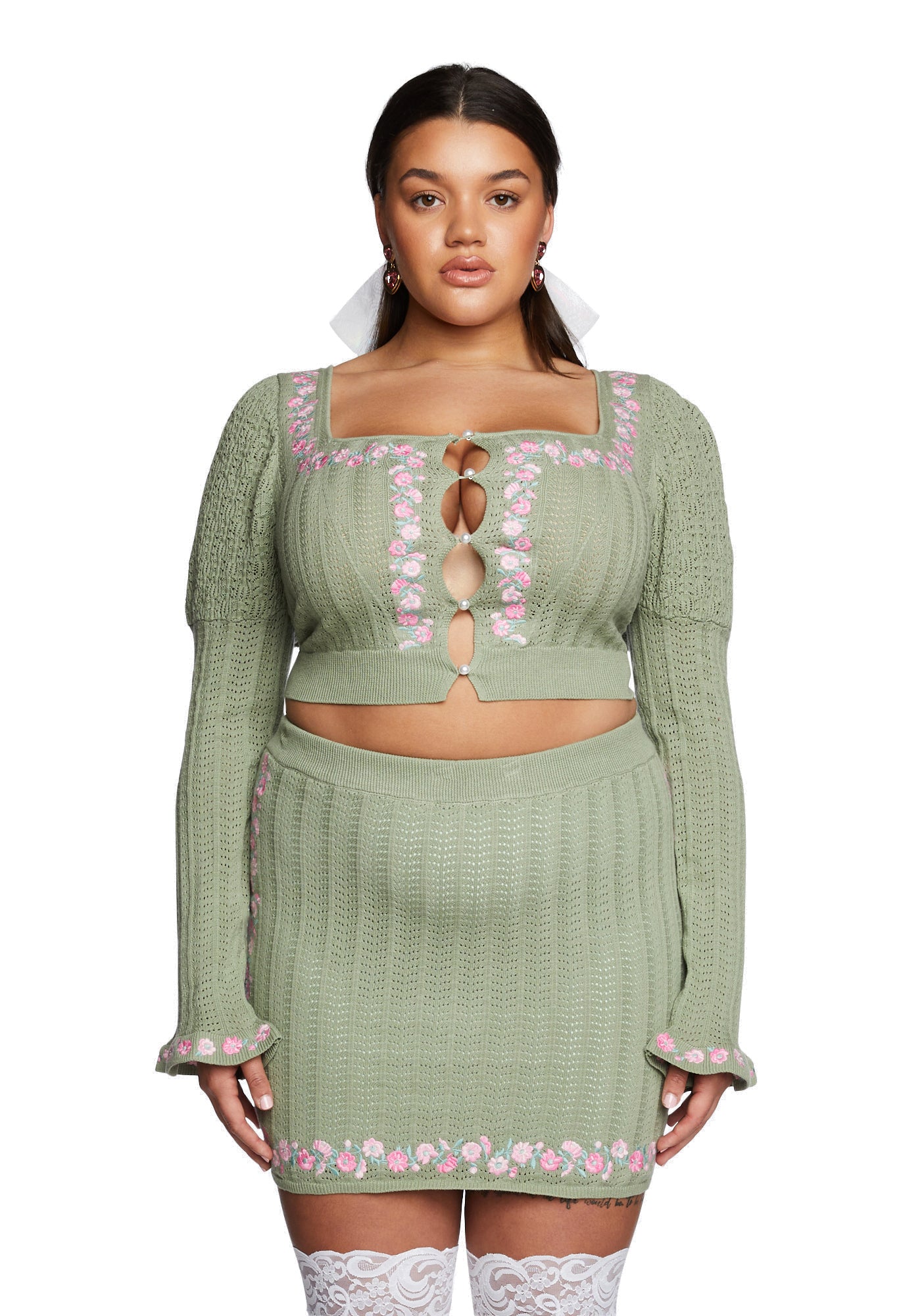 Plus Size Sugar Thrillz Floral Embroidery Knit Top Green – Dolls