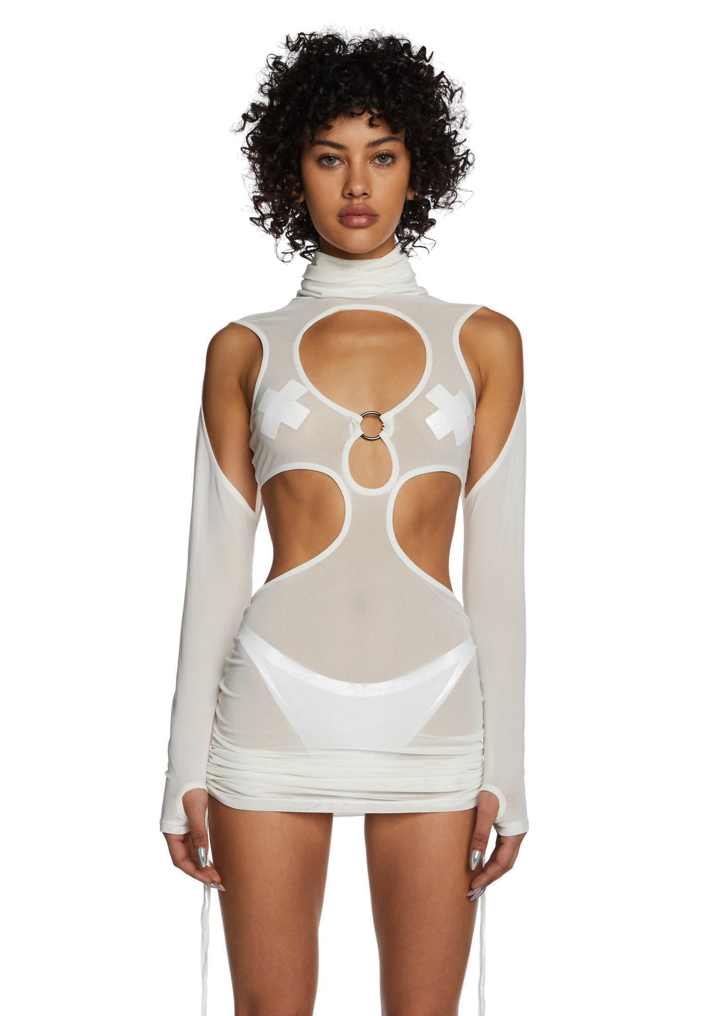 Darker Wavs Mesh Mock Neck Cutout Ruched Mini Dress - White Dolls Kill Darker Wavs Mesh Mock Neck Cutout Ruched Mini Dress - White Dolls Kill