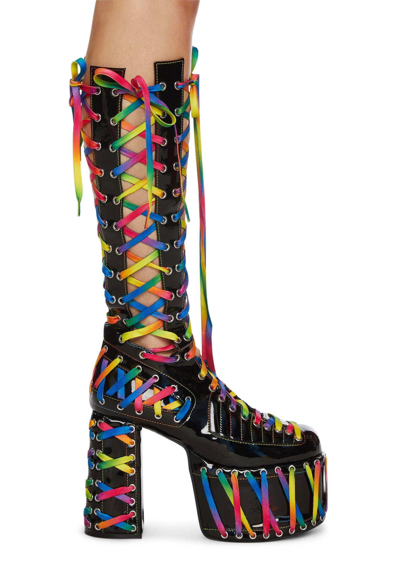 Club Exx Rainbow Lace Up Platform Boots Black/Multi – Dolls Kill