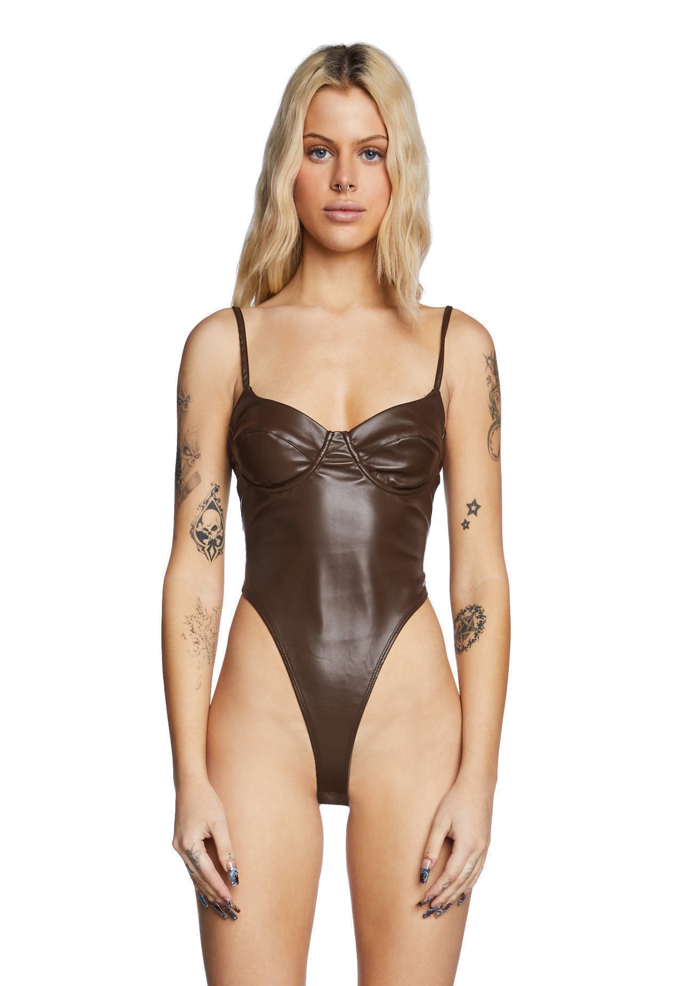 Edikted High Cut Vegan Leather Bodysuit - Brown Dolls Kill Edikted High Cut Vegan Leather Bodysuit - Brown Dolls Kill