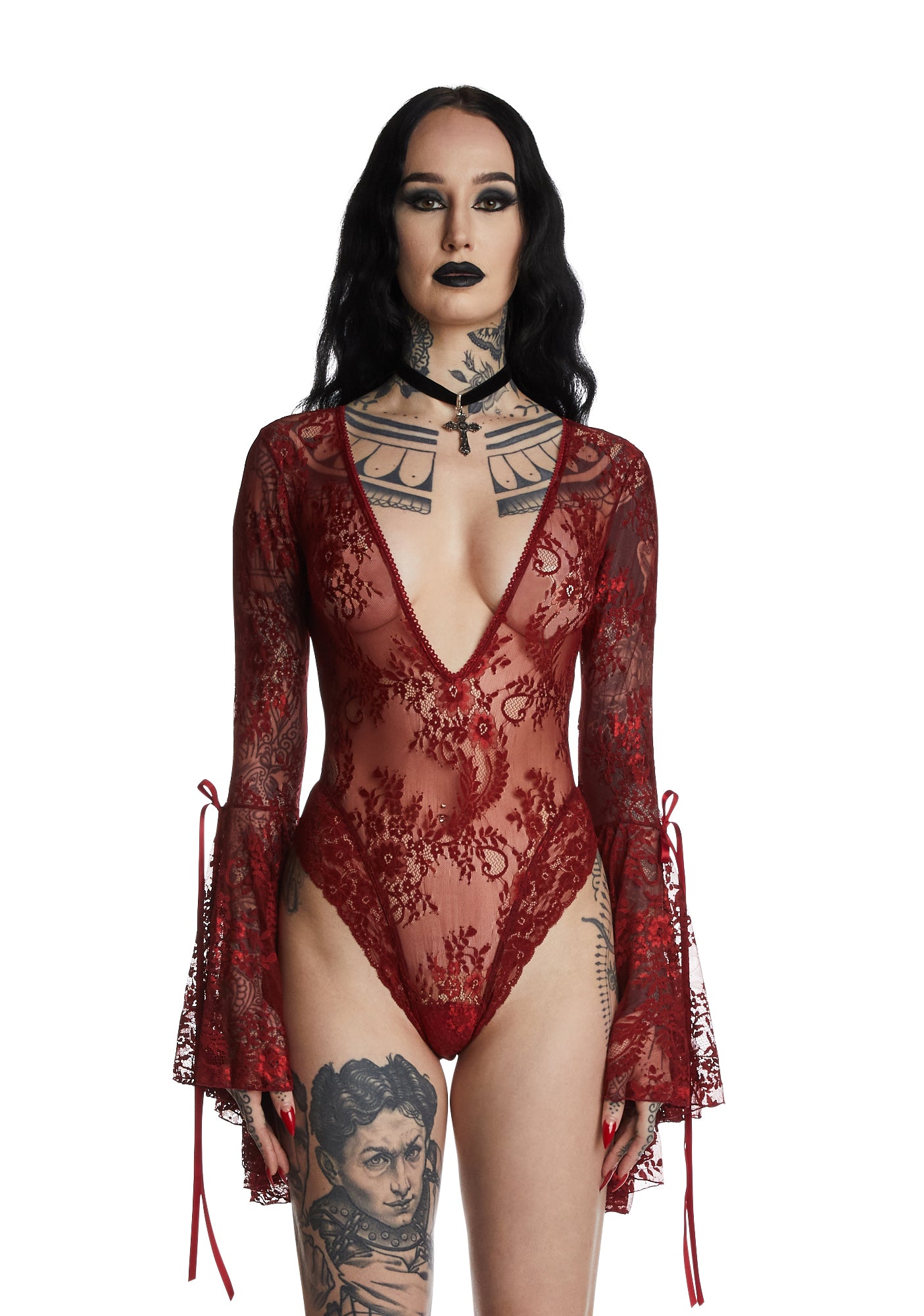 Widow Deep V Bell Sleeve Lace Bodysuit - Red  Dolls Kill