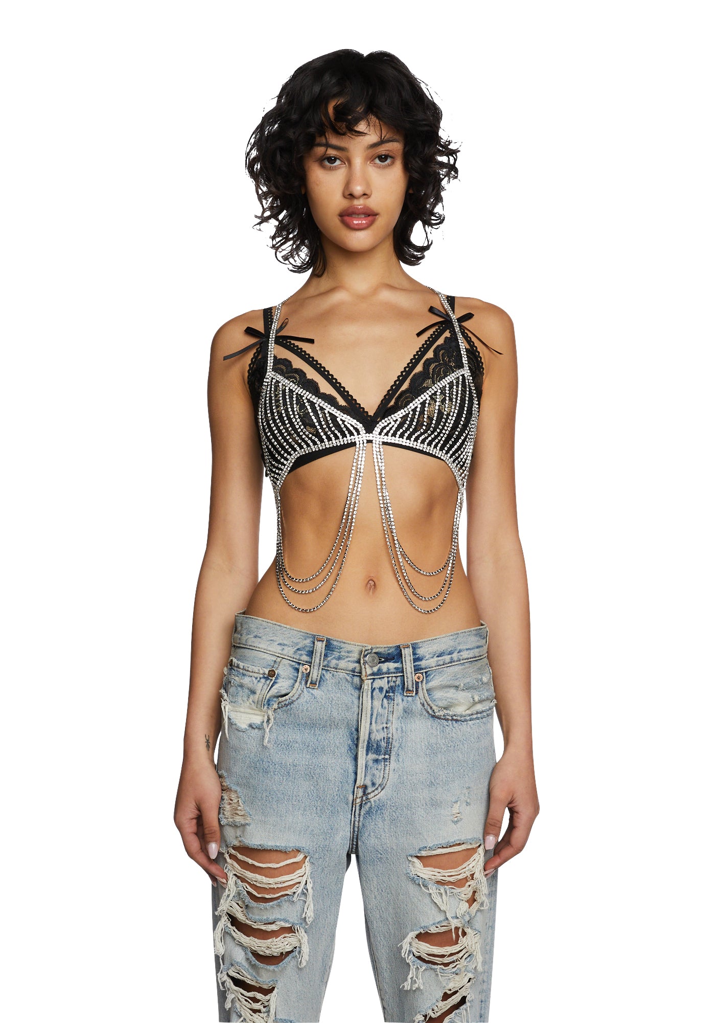 Drop Chain Rhinestone Bralette - Silver