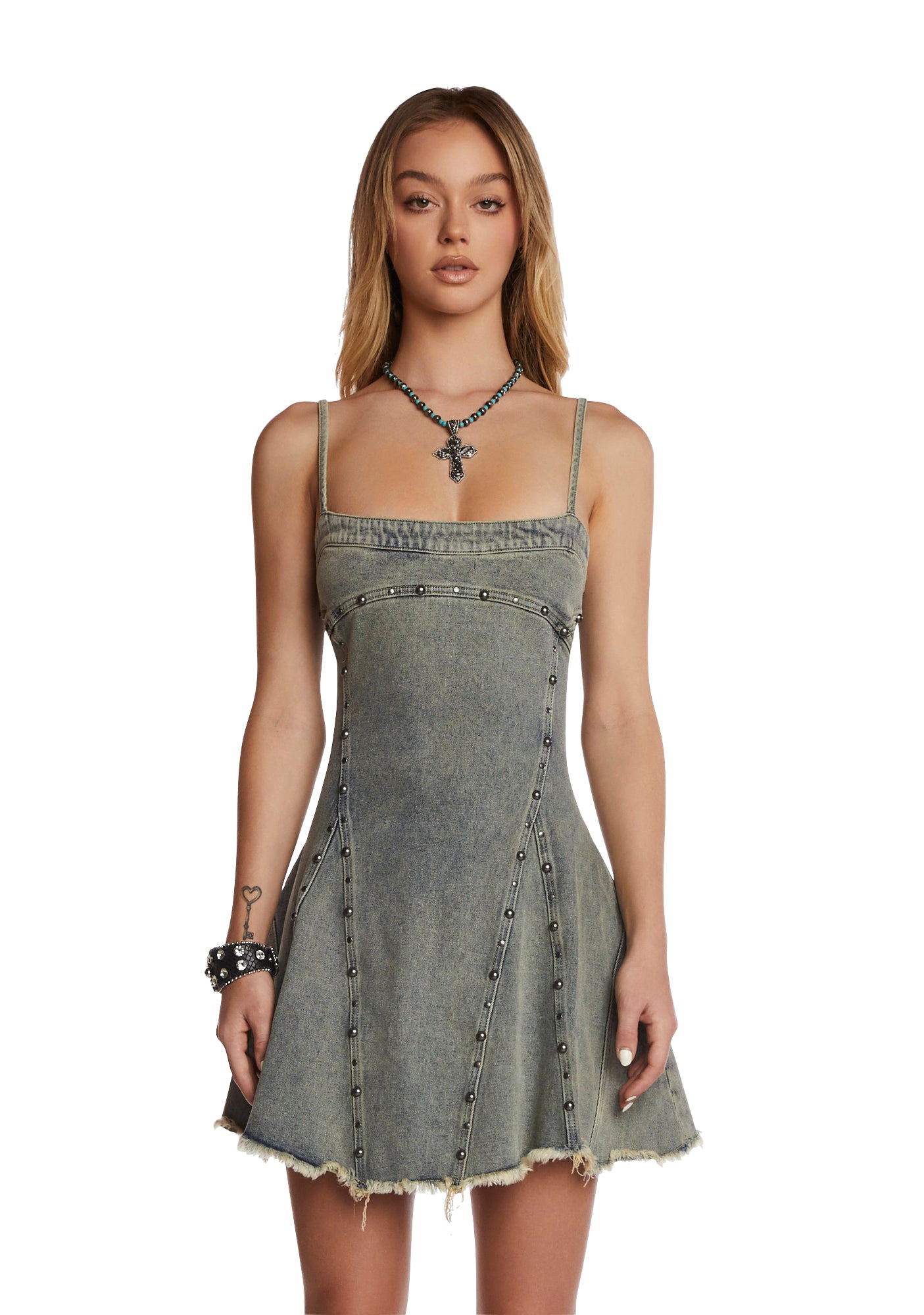 Generation Kiss Studded Denim Flared Mini Dress Generation Kiss Studded Denim Flared Mini Dress
