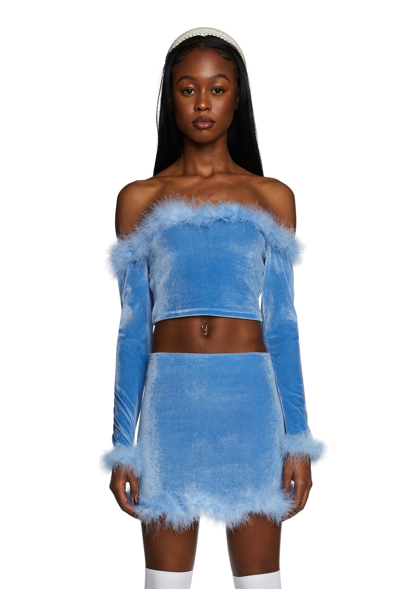 Sugar Thrillz Feather Trim Off The Shoulder Velvet Crop Top Blue Dolls Kill