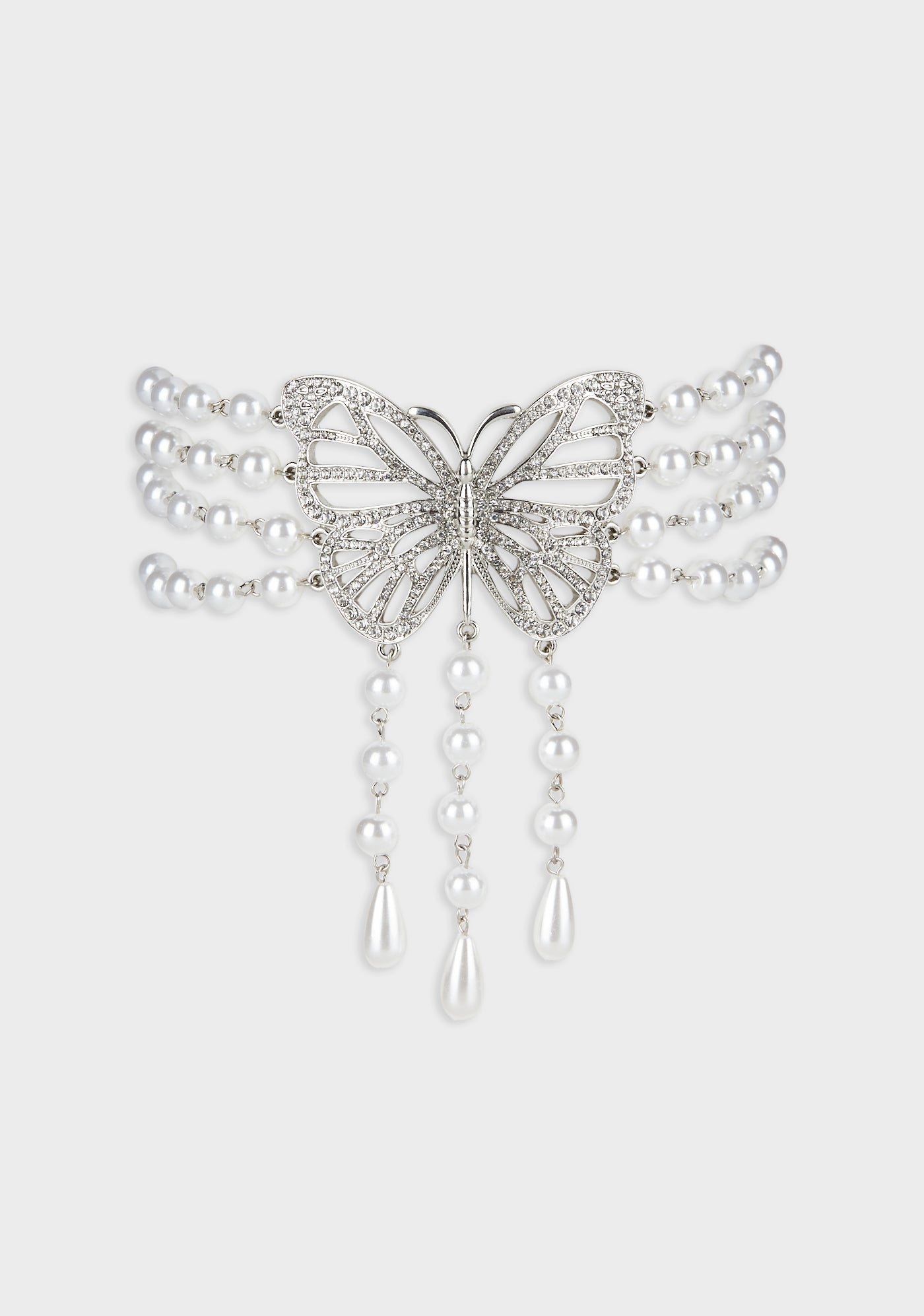 [ReinSein]ACC★Silver Pearl Butterfly Chocker Rhinestone Butterfly Pearl Choker Necklace - Silver – Dolls Kill