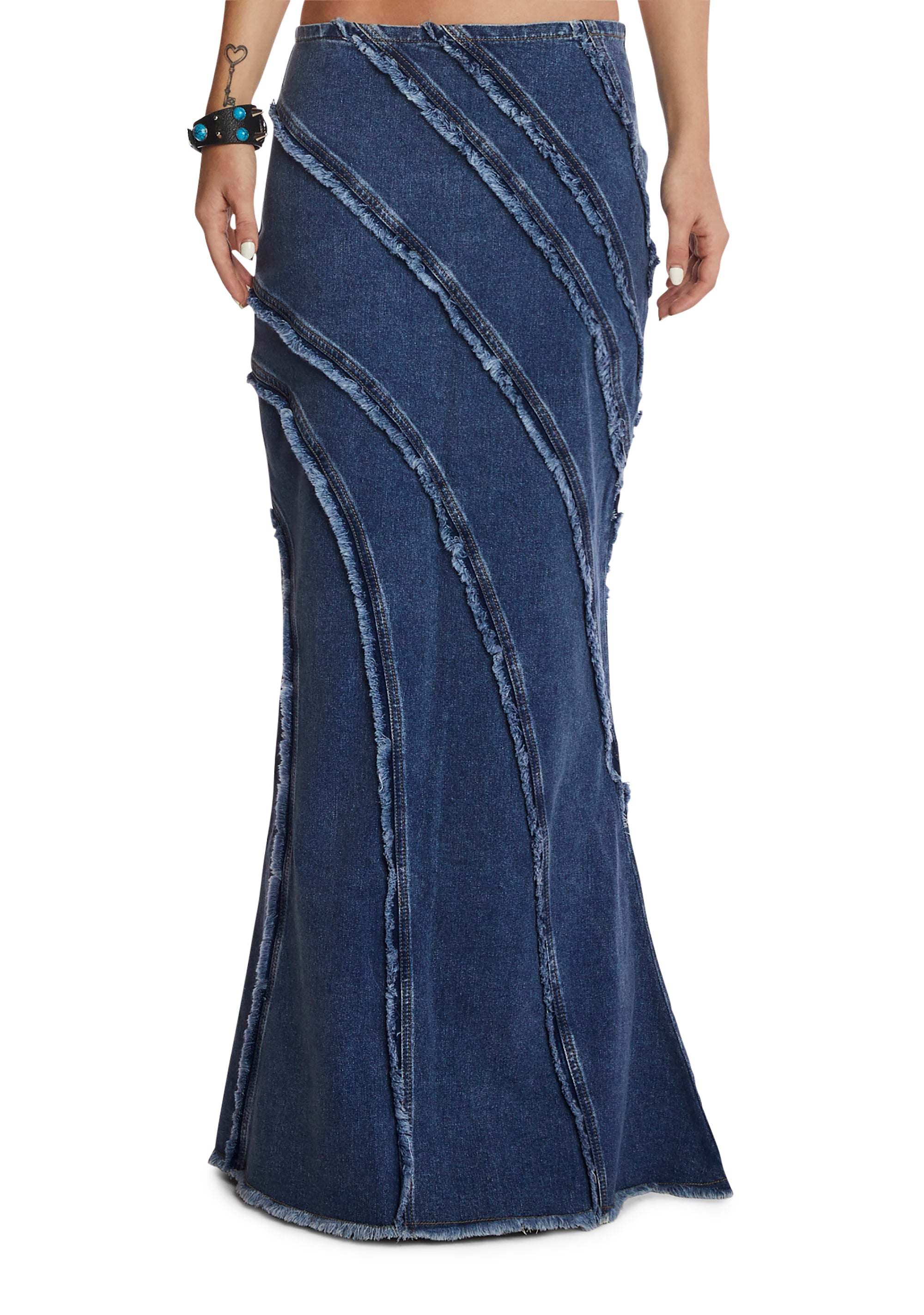 KRWBIN Button Blue Denim Frayed Knee-Length SKIRT main image 1