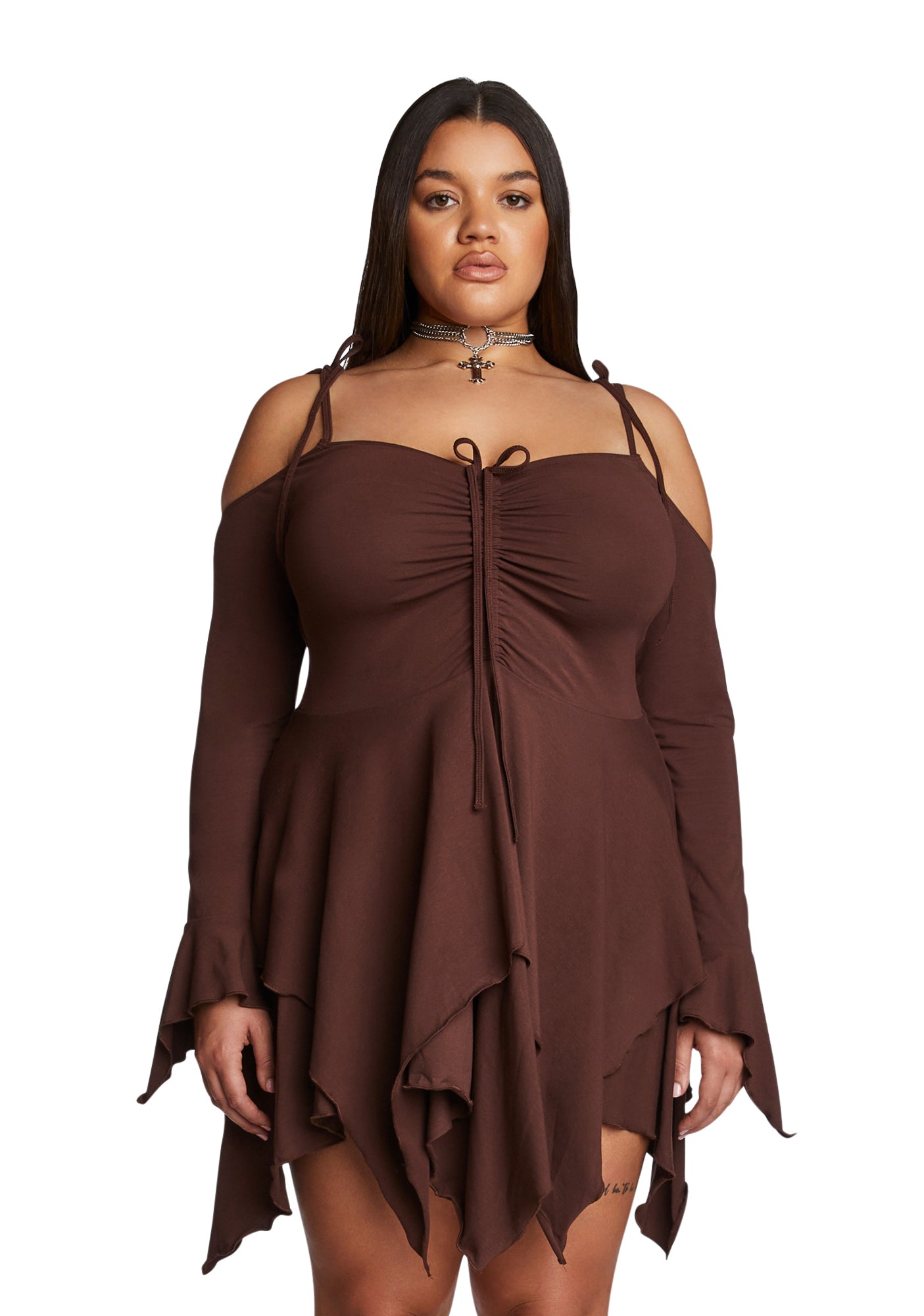 Current Mood Plus Size Off The Shoulder Handkerchief Mini Dress - Brown Current Mood Plus Size Off The Shoulder Handkerchief Mini Dress - Brown