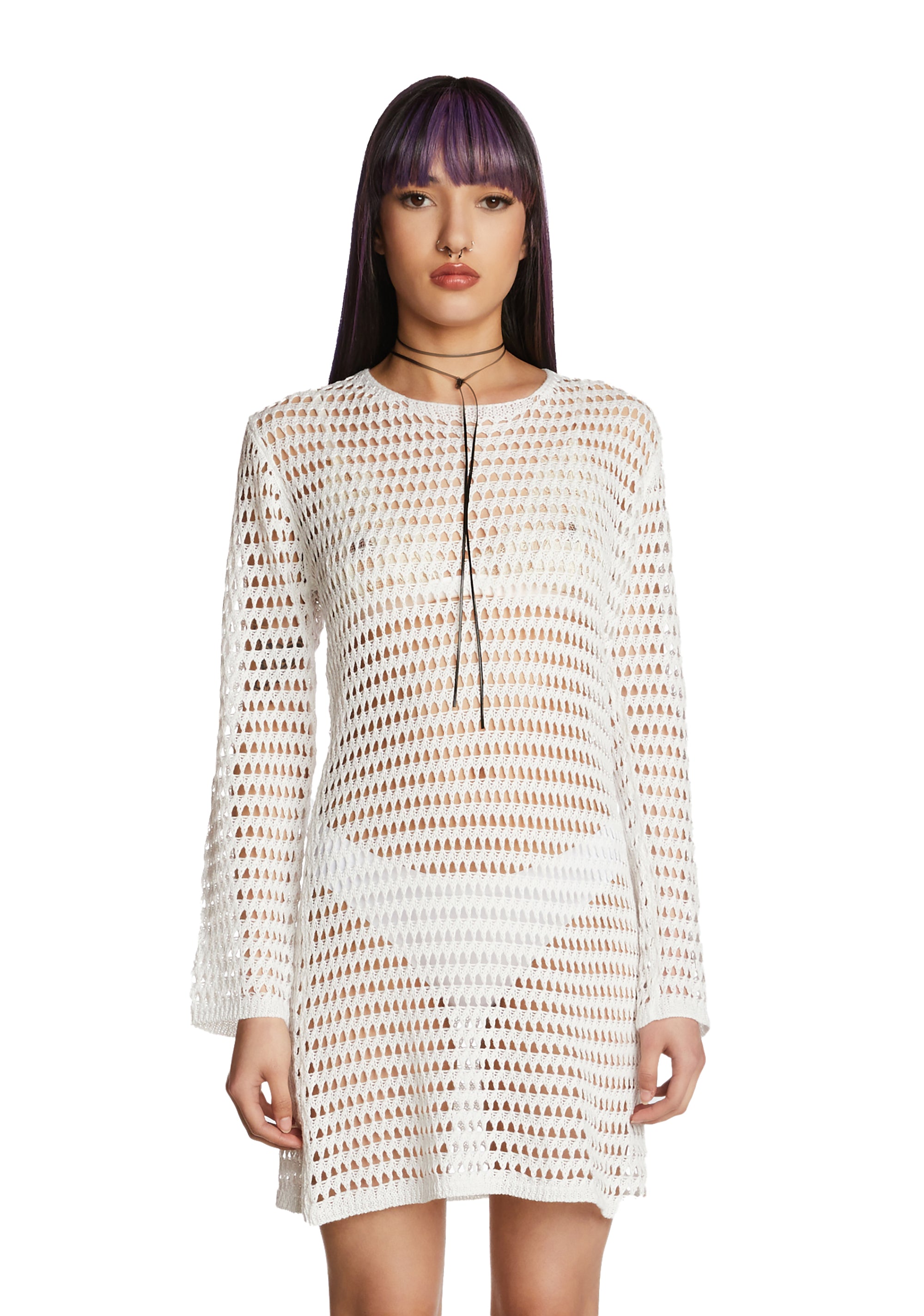 Sheer Crochet Mini Dress - White Dolls Kill Sheer Crochet Mini Dress - White Dolls Kill