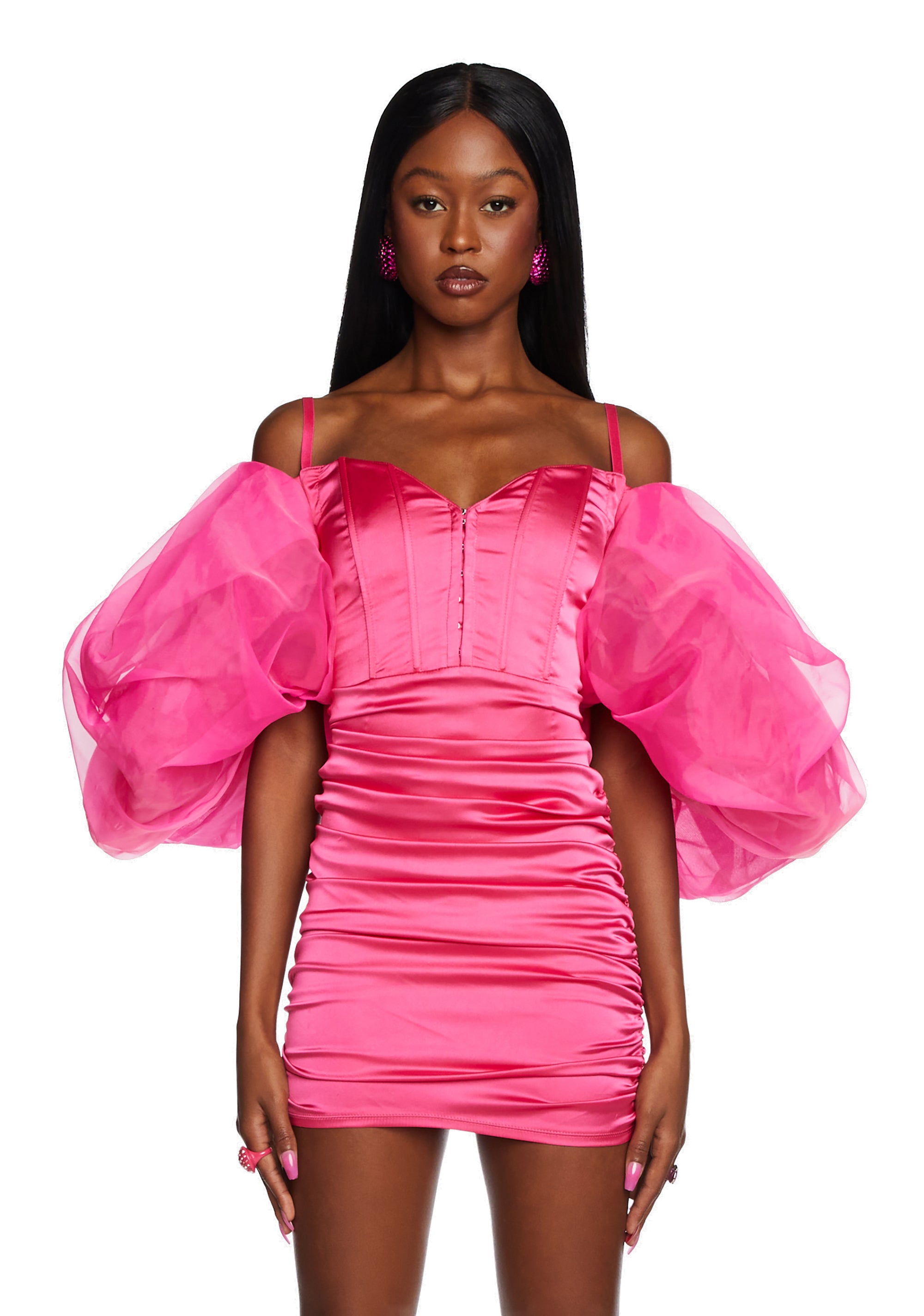 Sugar Thrillz Satin Ruched Organza Puff Sleeve Mini Dress - Pink