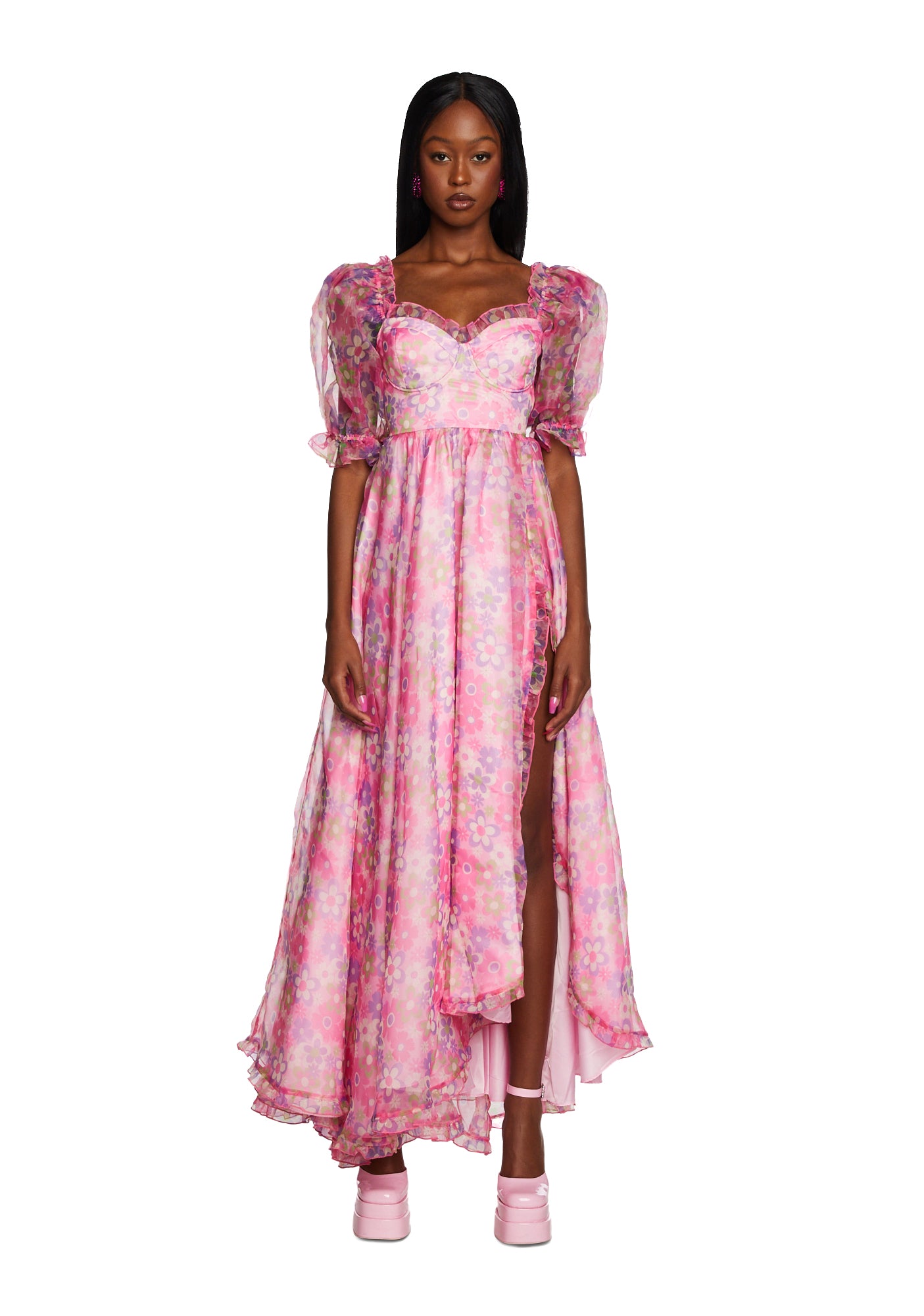 Sugar Thrillz Floral Organza Puff Sleeve Maxi Dress - Pink Dolls Kill Sugar Thrillz Floral Organza Puff Sleeve Maxi Dress - Pink Dolls Kill
