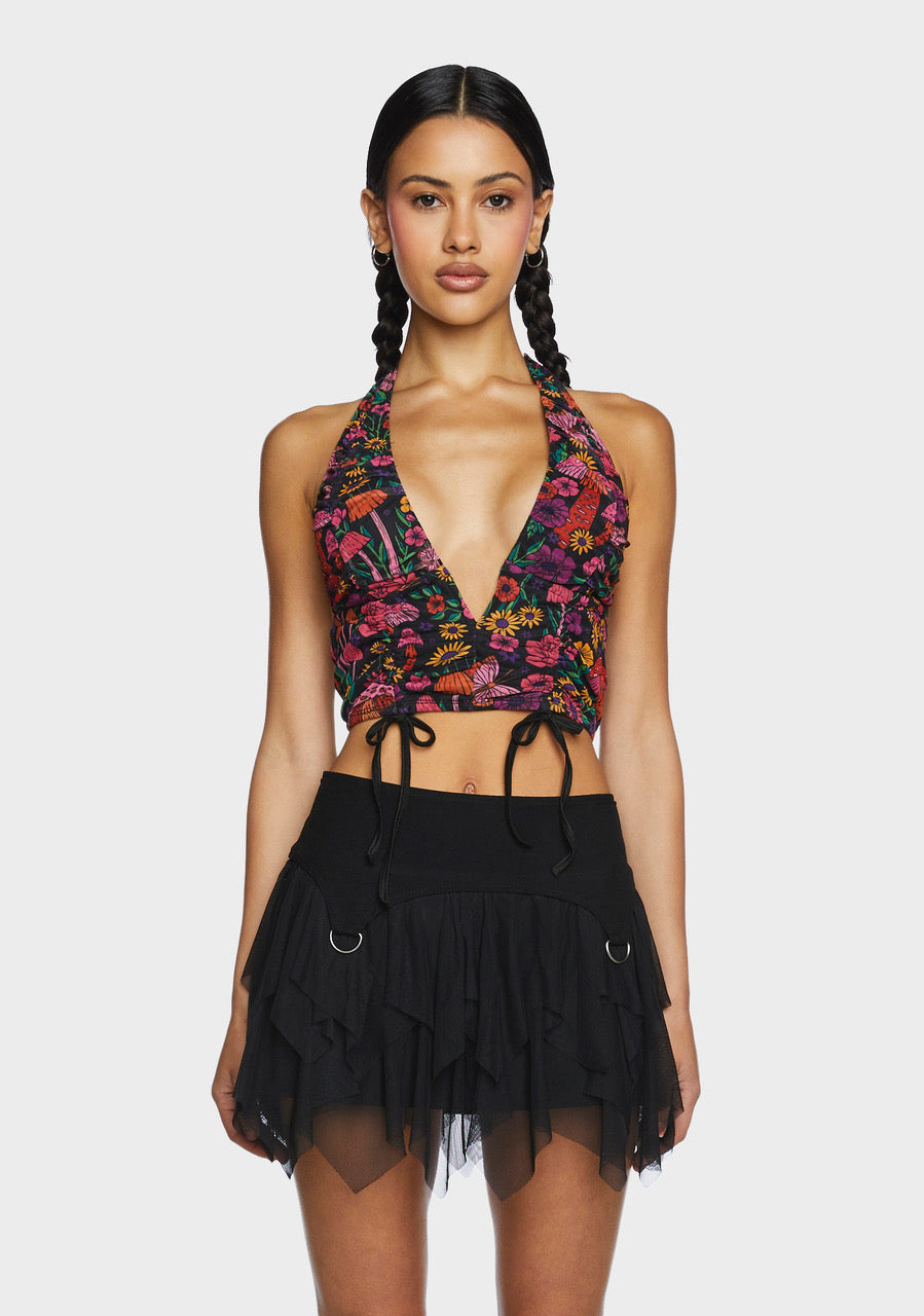 dolls kill daydreamer floral mini dress Current Mood Shirred Mesh Overlay With Handkerchief Hem Length from bust to hem of size S Womens Velour Mesh Floral Mini