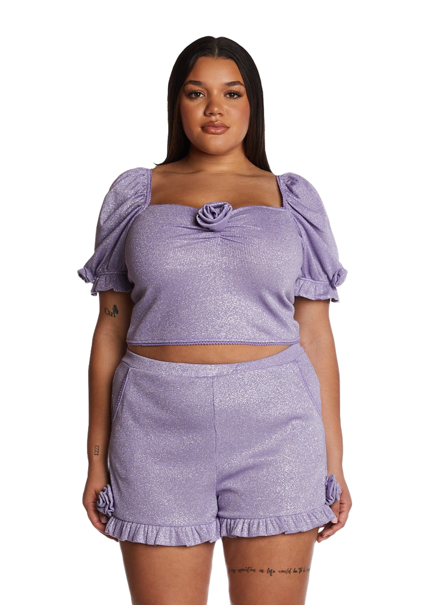 Plus Size Sugar Thrillz Metallic Knit Top And Shorts Sleeves Set - Purple Plus Size Sugar Thrillz Metallic Knit Top And Shorts Sleeves Set - Purple