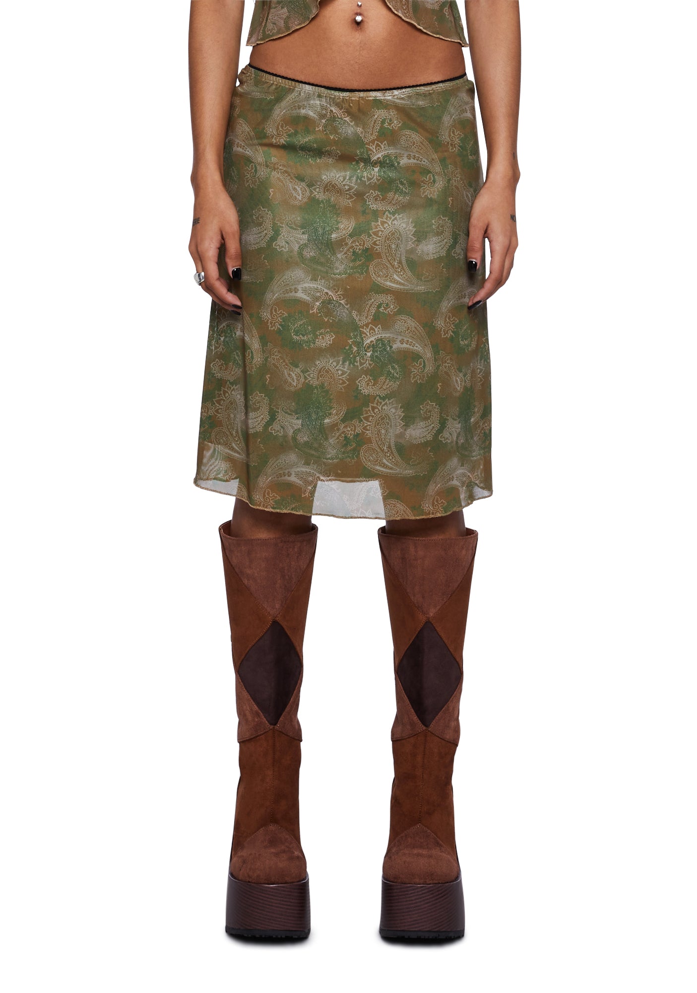 Motel Mesh Midi Skirt Tonal Paisley Green Dolls Kill