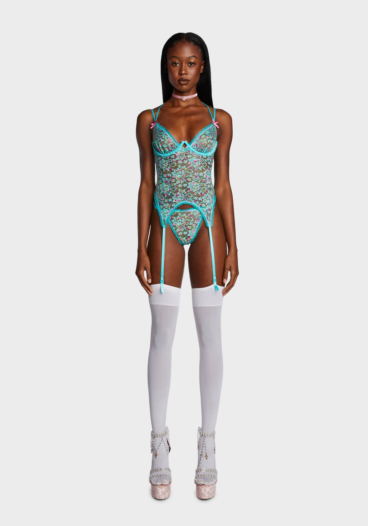 Floral Lace Bustier Top And Thong - Blue – Dolls Kill
