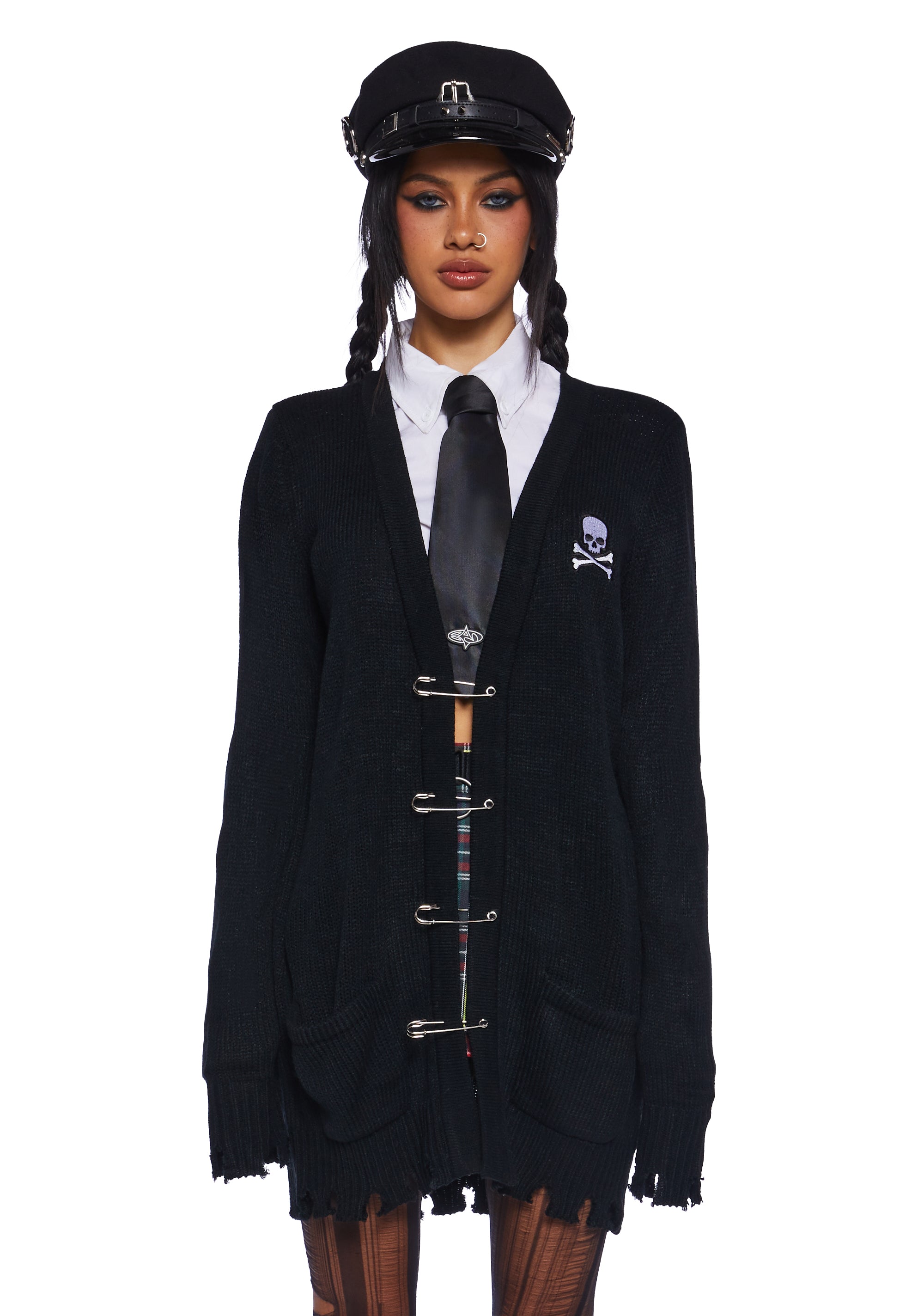 Current Mood Skull Patch Safety Pin Cardigan - Black – Dolls