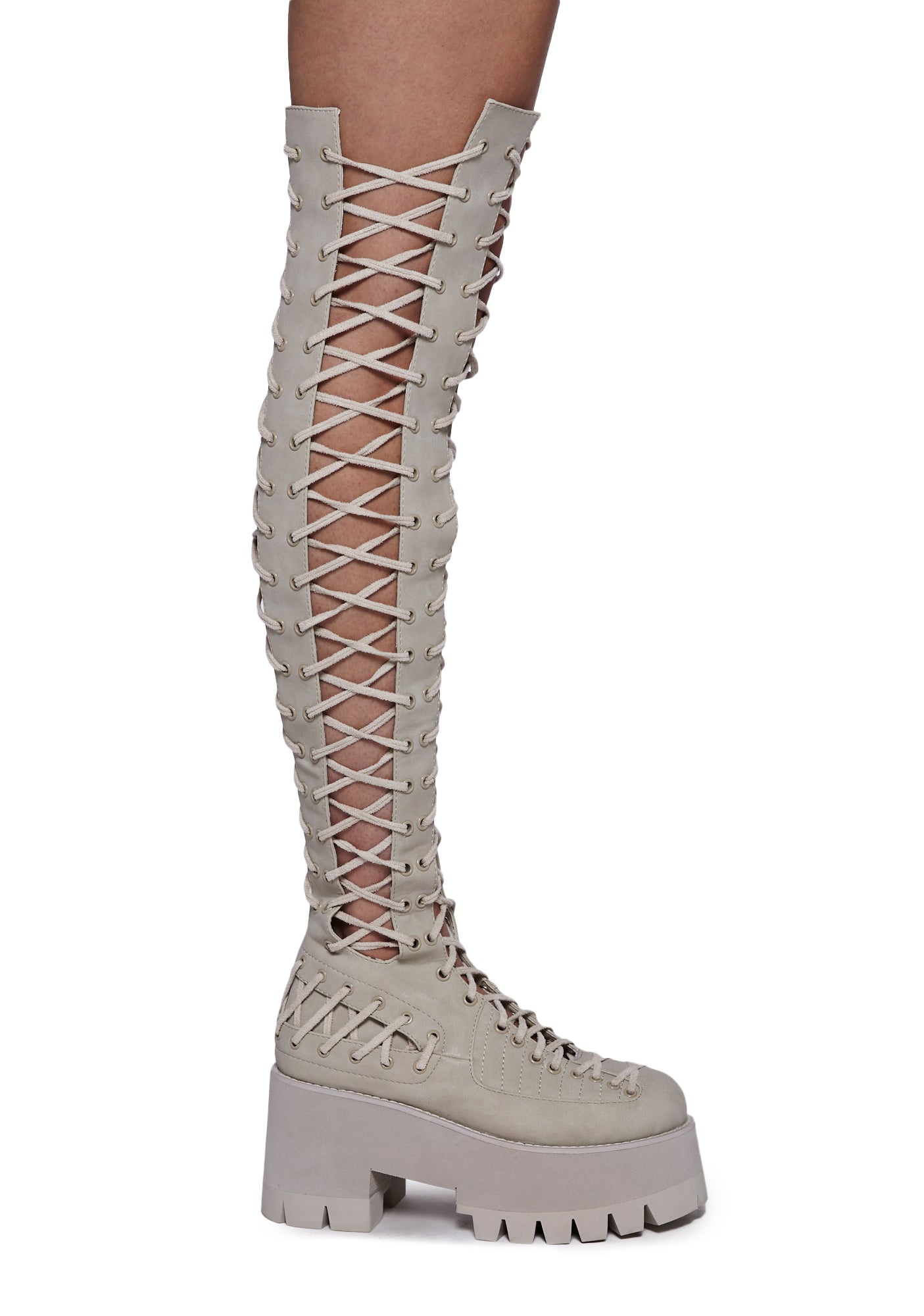 Club Exx Knee High Lace Up Treaded Boots - Light Gray