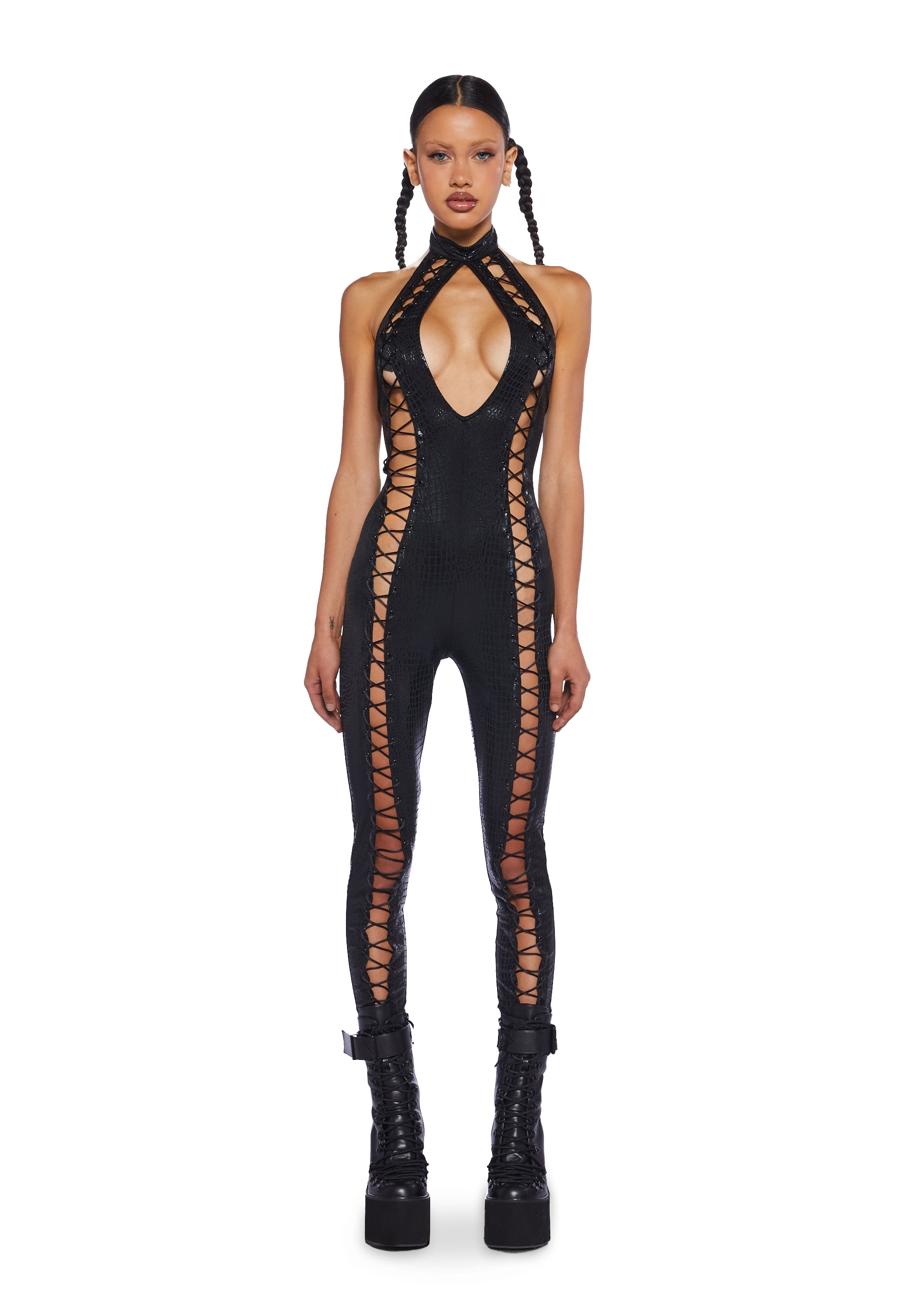 Club Exx Burning Man Snakeskin Lace Up Jumpsuit Black Dolls Kill