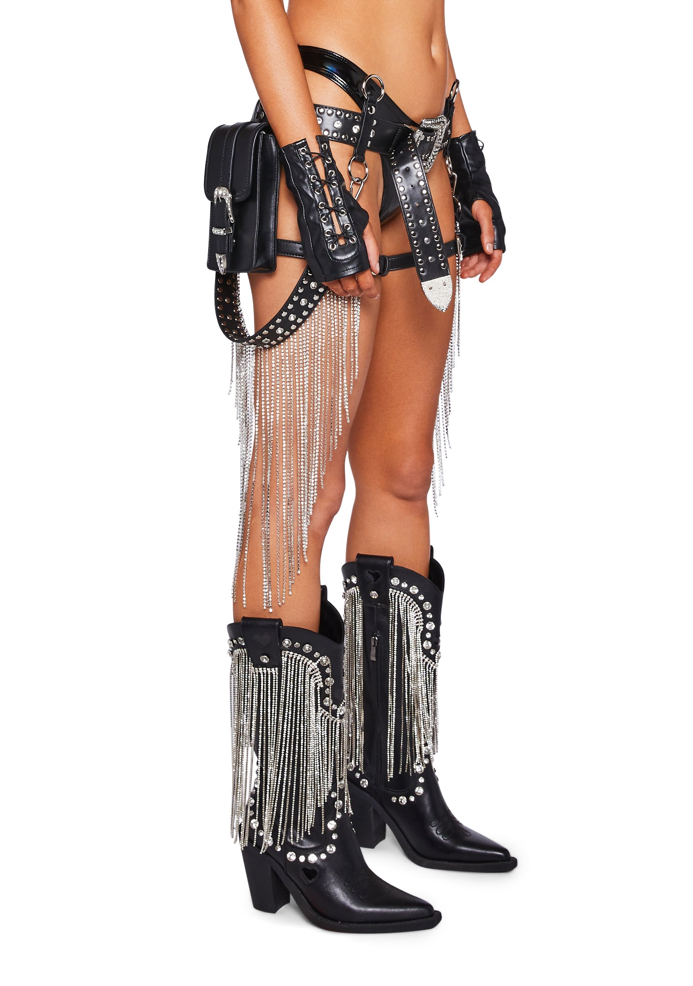 Club Exx Rhinestone Fringe Utility Pocket Belt - Black 