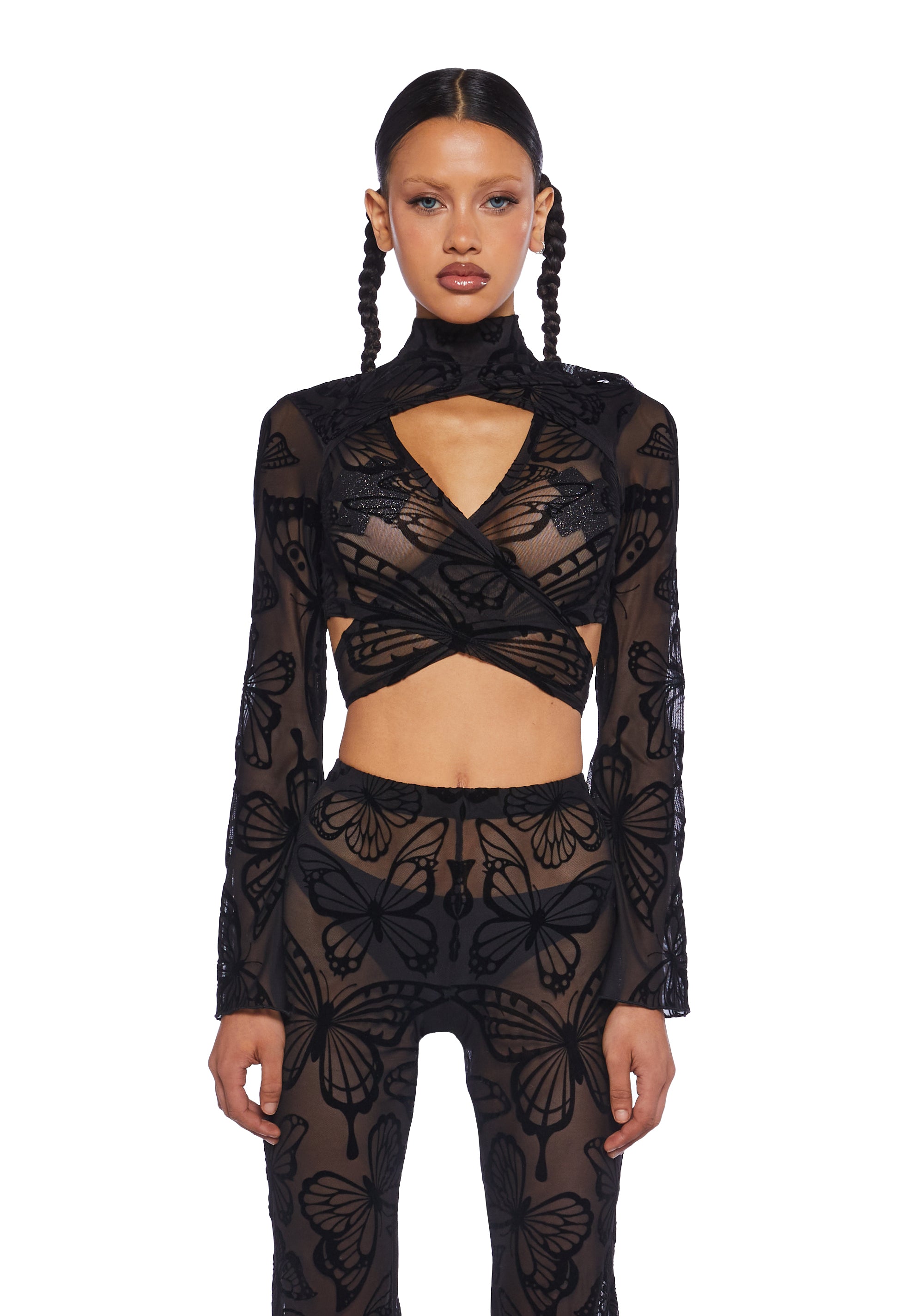 爆買いしたくなる Club Top Crop Wrap Butterfly Flocked Mesh Man Burning Exx マスカラ・マスカラ下地