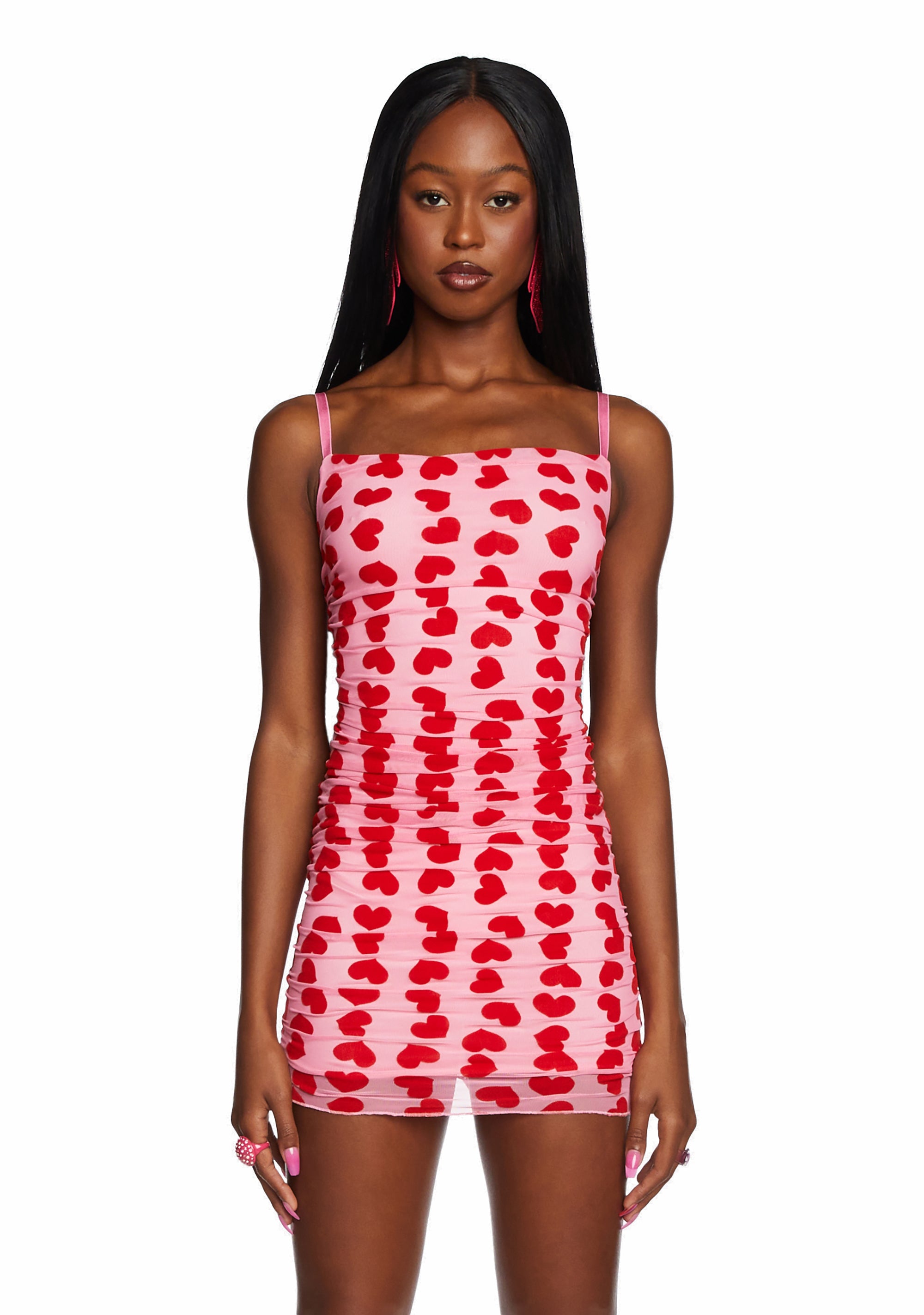 Sugar Thrillz Heart Print Ruched Mesh Mini Dress Pink Dolls Kill