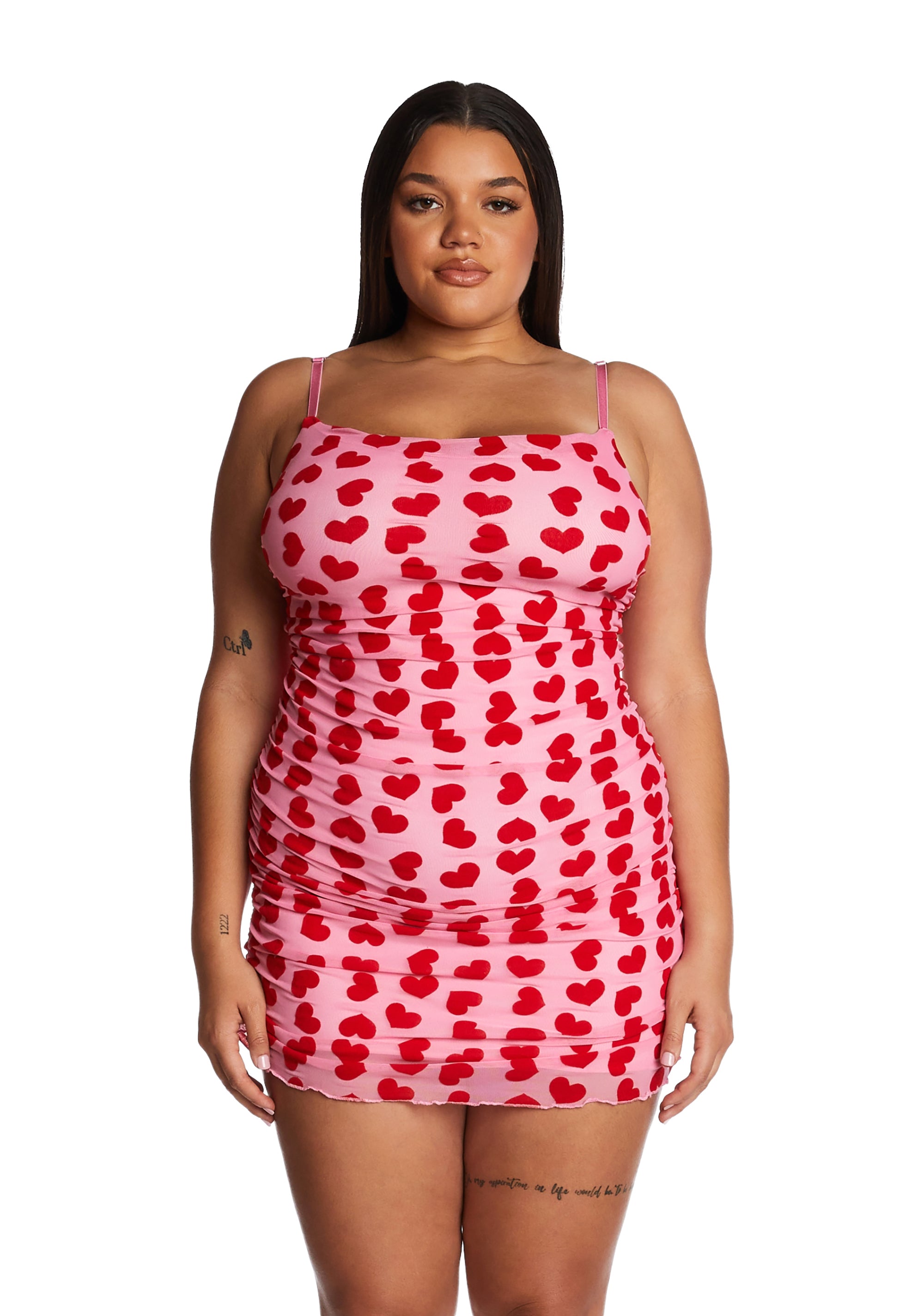Plus Size Sugar Thrillz Heart Print Ruched Mesh Mini Dress Pink Dolls Kill