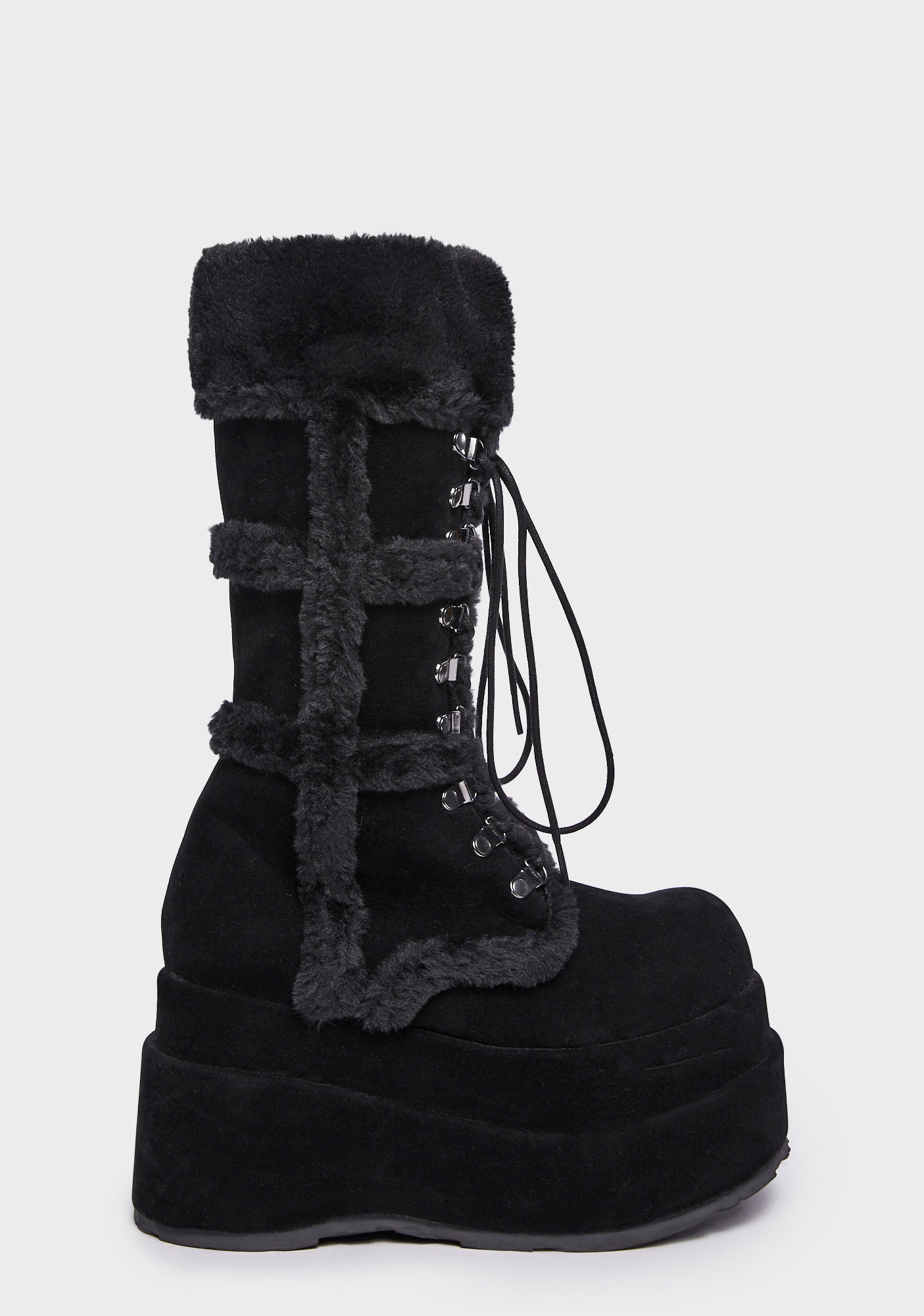 Demonia Fuzzy Platform Lace Up Boots - Black