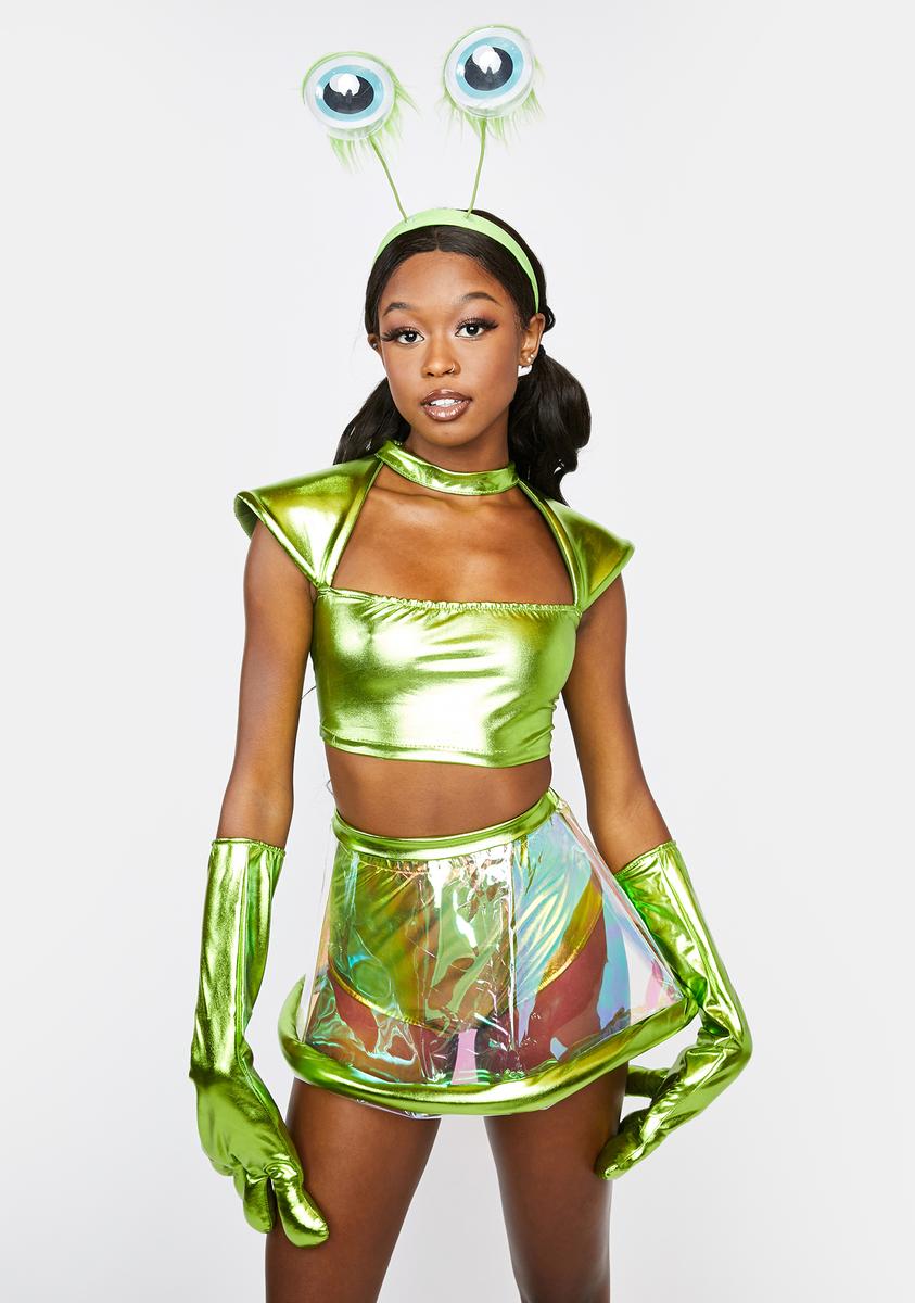 Holographic Alien Mini Skirt Crop Top Headband And Glove Costume Set