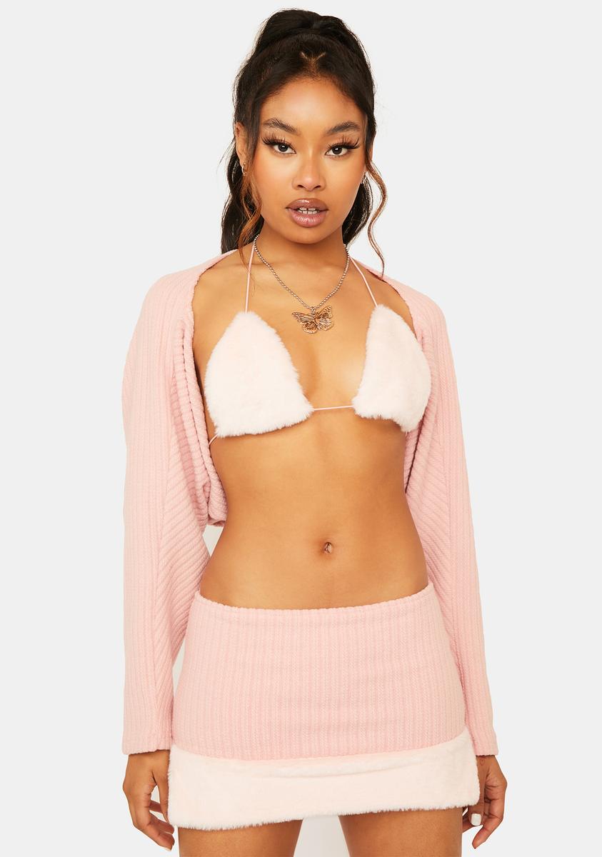 Faux Fur Bra Top And Knit Skirt Set - Pink
