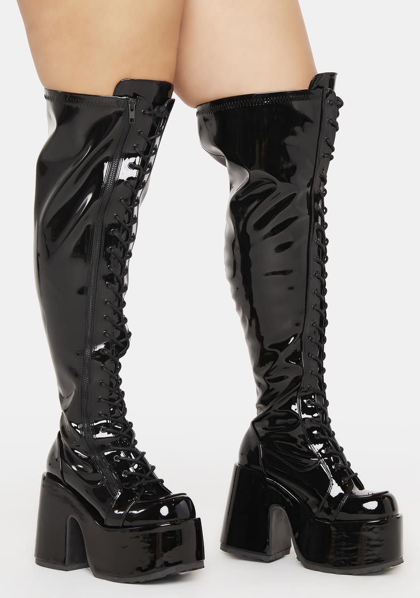 Demonia Camel 300 Wide Calf Thigh High Platform Boots Black