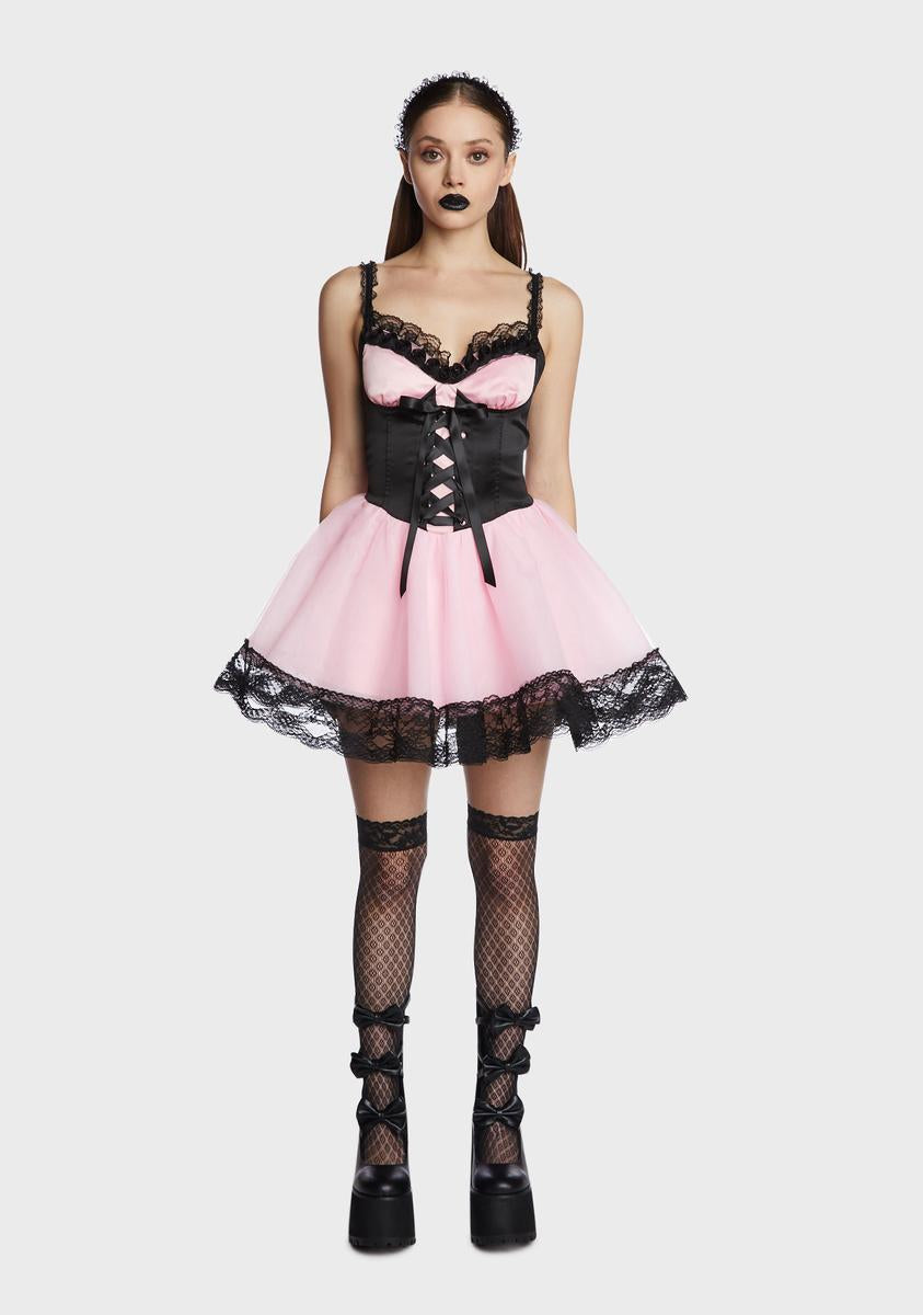 Widow Corset Fit & Flare Mini Dress - Pink/Black Dolls Kill Widow Corset Fit & Flare Mini Dress - Pink/Black Dolls Kill