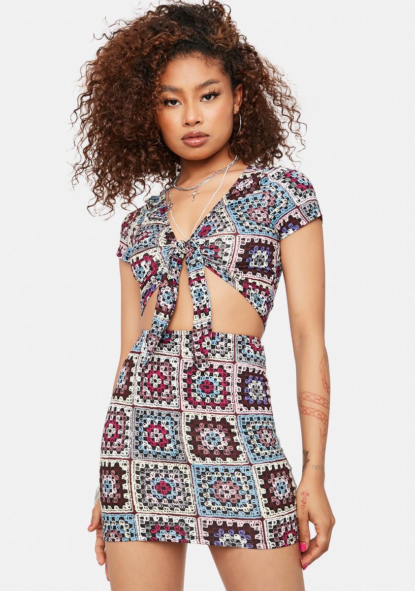Color Block Tie Back Knit Crop Top And Mini Skirt Set