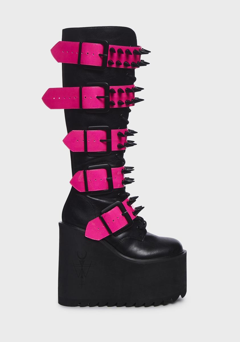 Widow Spiked Buckle Knee High Platform Boots - Black/Pink