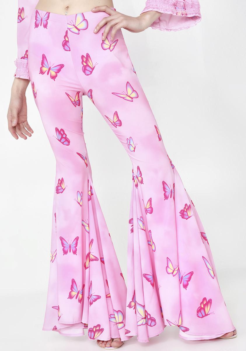 Sugar Thrillz Butterfly Print Flare Pants - Pink