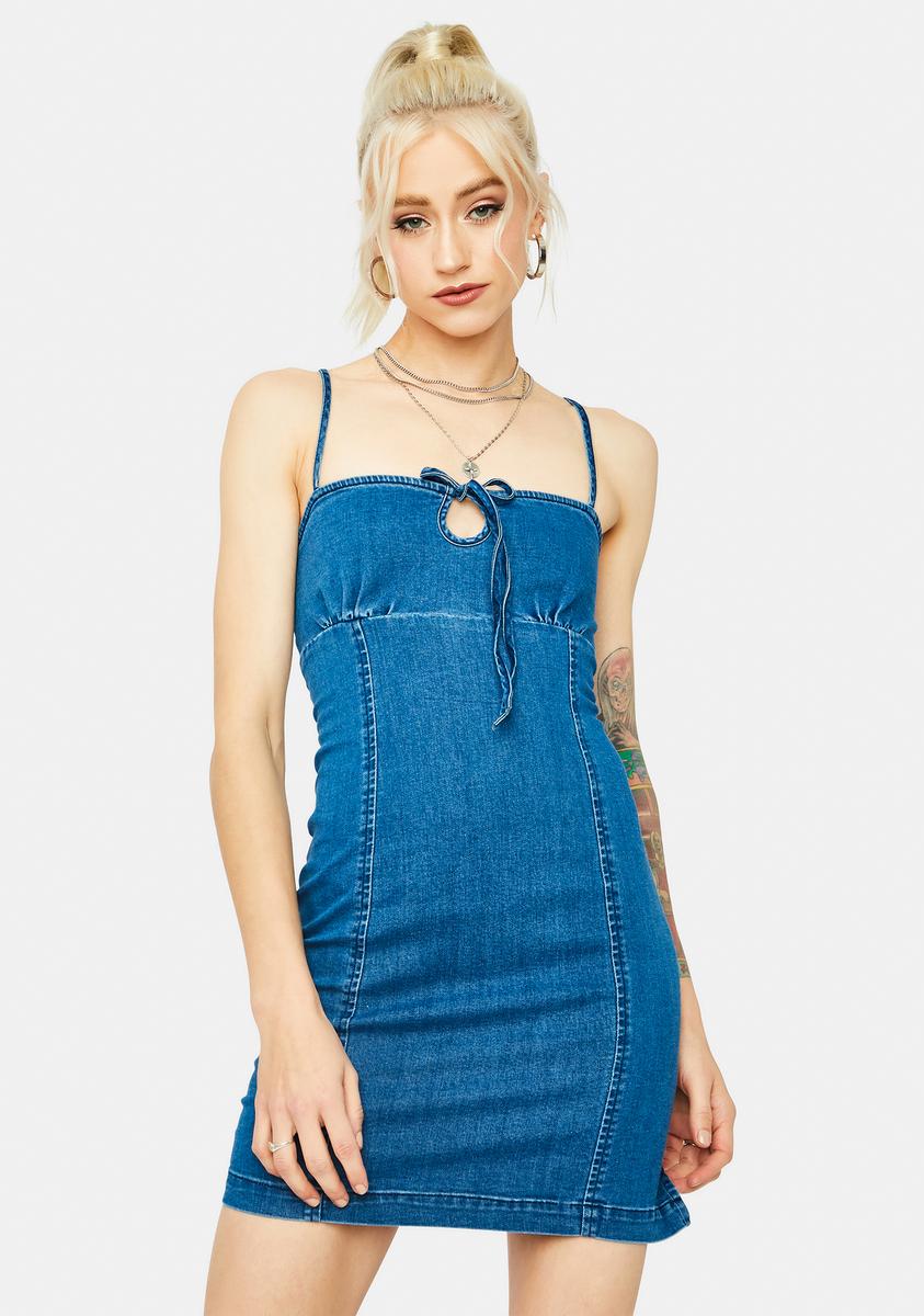 Keyhole Cutout Square Neck Bodycon Denim Mini Dress