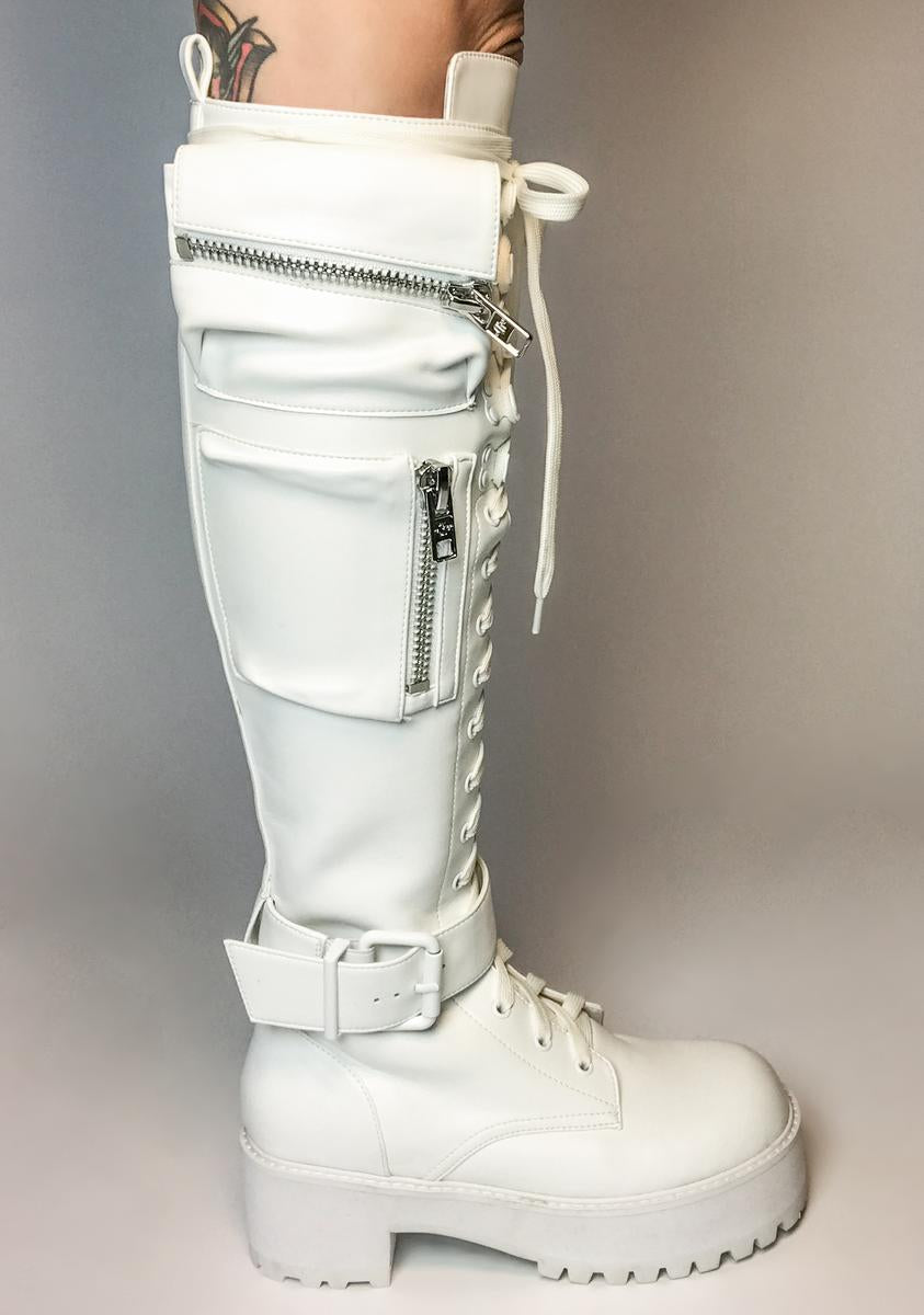 Current Mood Pocket Knee High Combat Boots White Dolls Kill