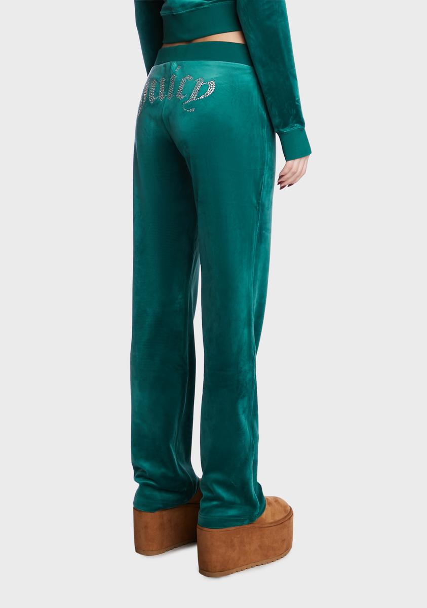 Juicy Couture Rhinestone Low Rise Track Pants - Green Velour