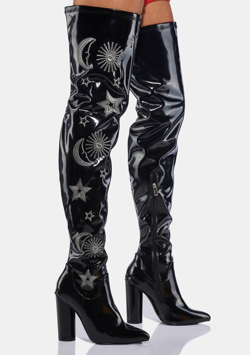 Koi Footwear Black Silver Astrid Thigh High Boots – Dolls Kill
